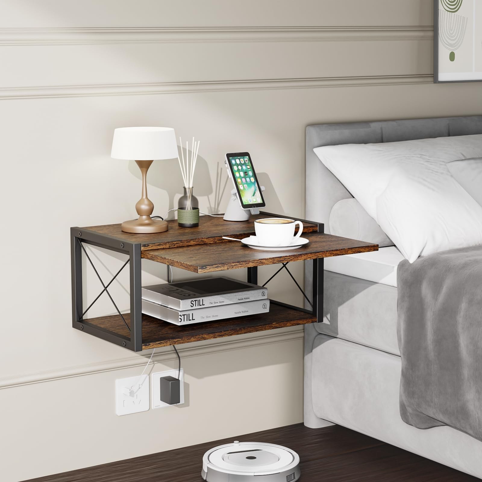 2-Tier Floating Nightstand, Wall Mounted Bedside Table, Wood Bedside Shelf Wa...