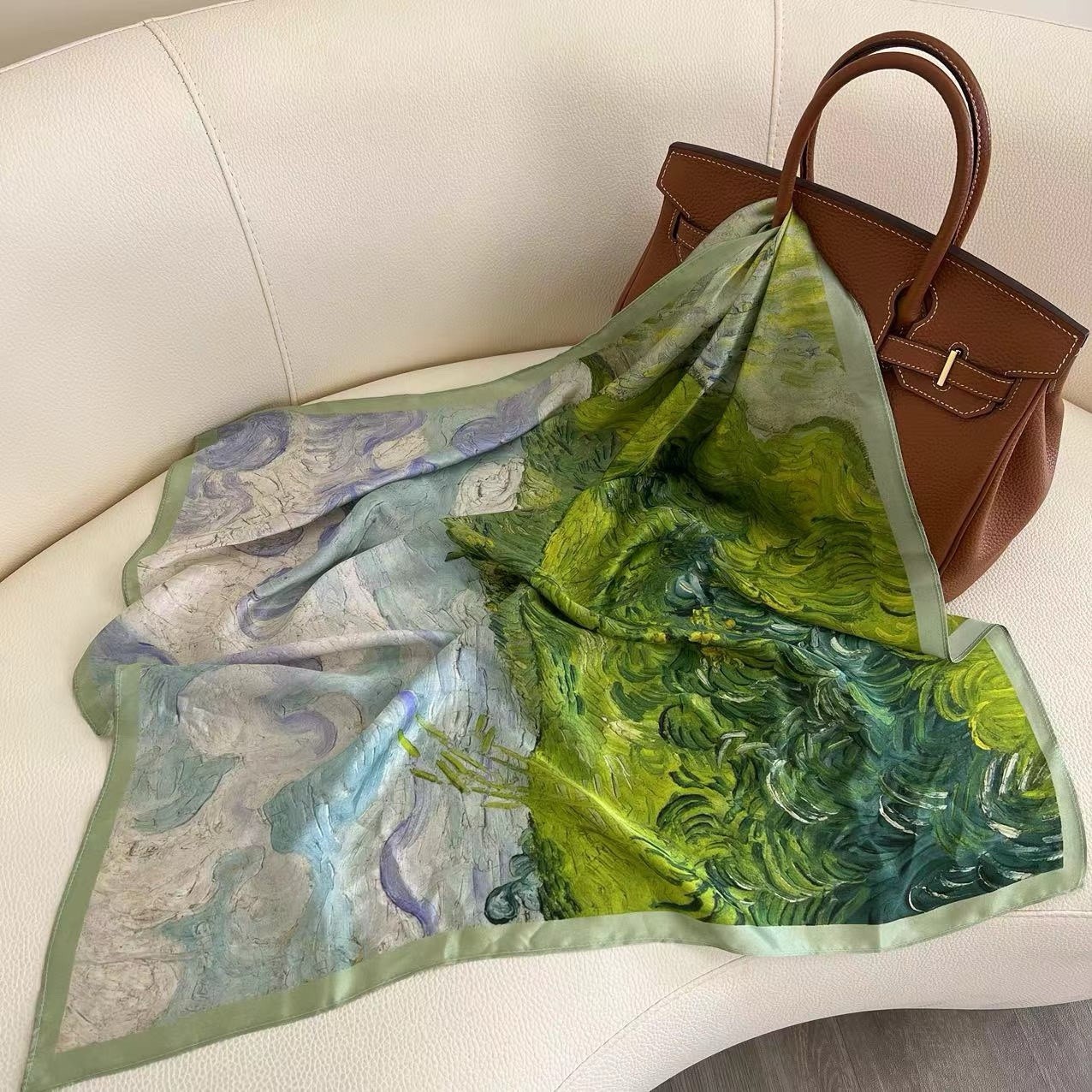 21”X21"Green Field Print Pure Mulberry Satin Silk 12momme Scarf 53x53cm6-6
