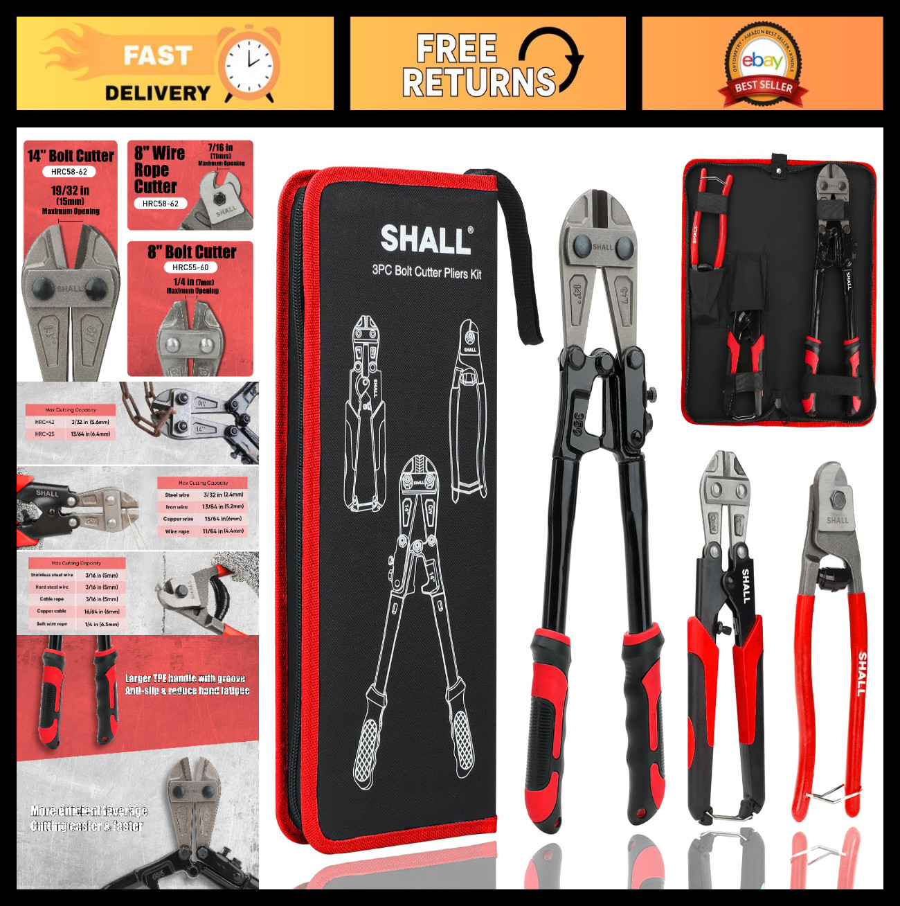 Heavy Duty 3-Piece Bolt Cutter Set - 14" & 8" Mini Cutters, Ergonomic Handle, Ca