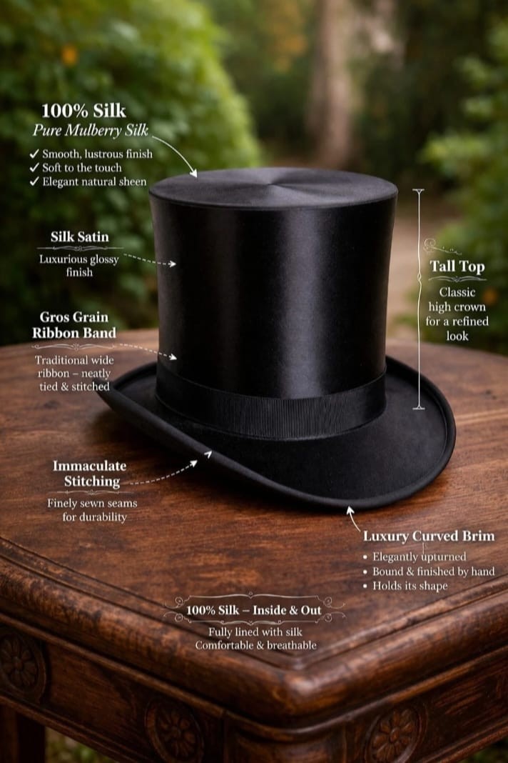 Handmade Pure Black Silk Tall Top Hat - Vintage Premium Classic Western Style
