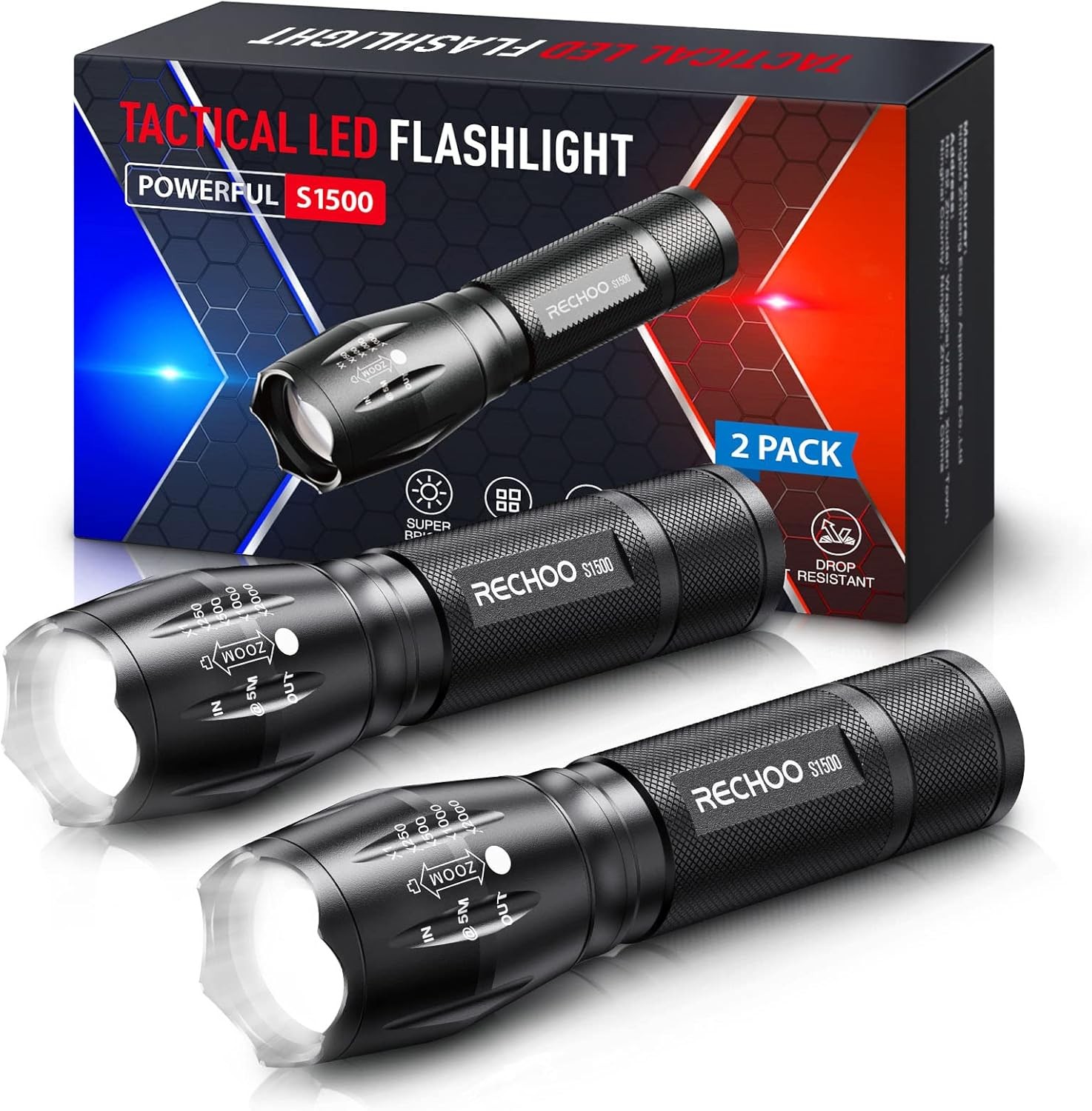 2 Pack LED Flashlights High Lumens Zoomable Waterproof Tactical Torch
