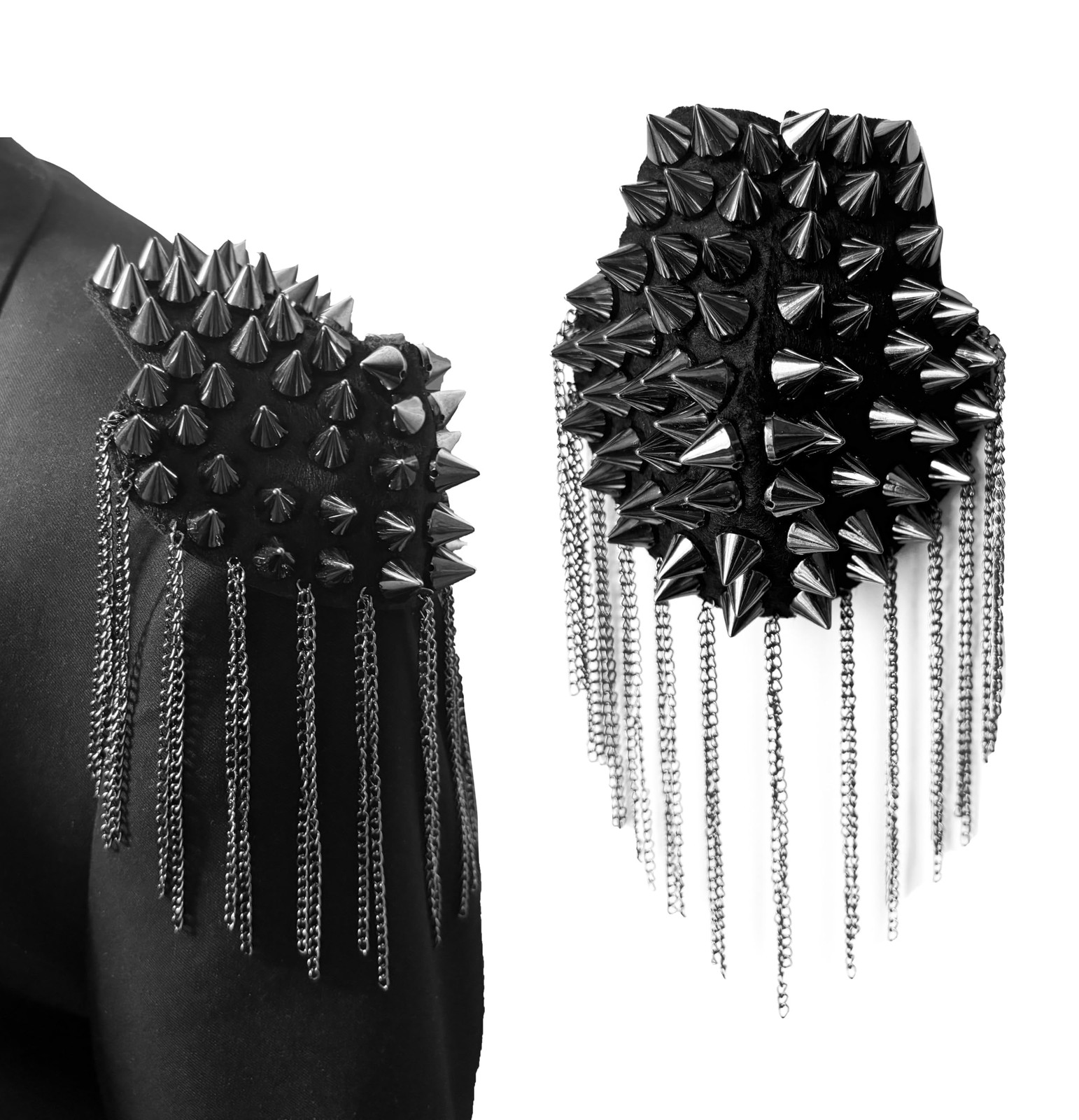 Punk Rivet Shoulder Epaulets Ringmaster Badge Tassel Uniform Suit Black
