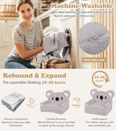 Kids Couch, 2-in-1 Soft Toddler Couch Fold Out with Blanket, Chair Comfy, Koala