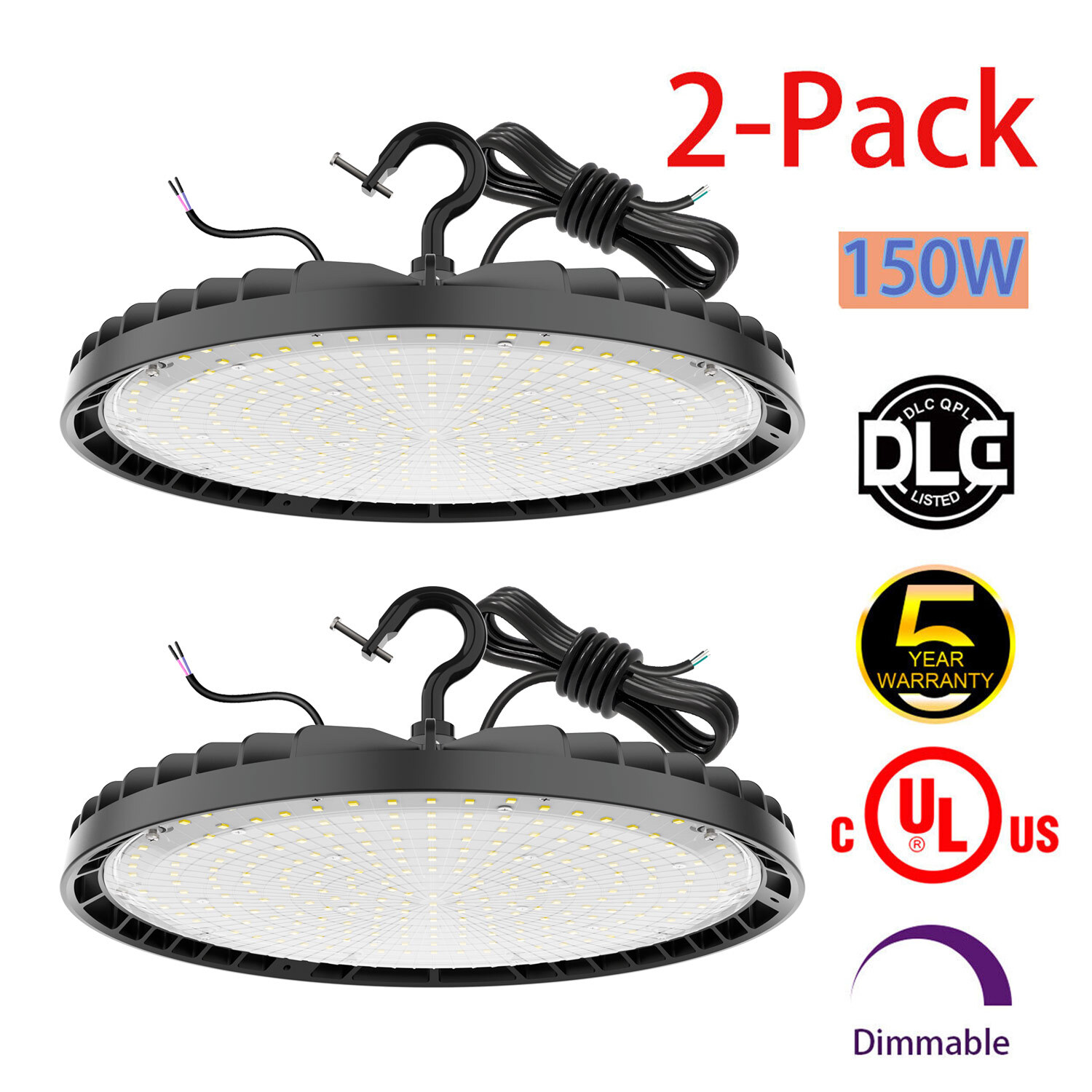 2-PACK 150Watt LED UFO High Bay Light Commercial Supermarket Warehouse Dimmable