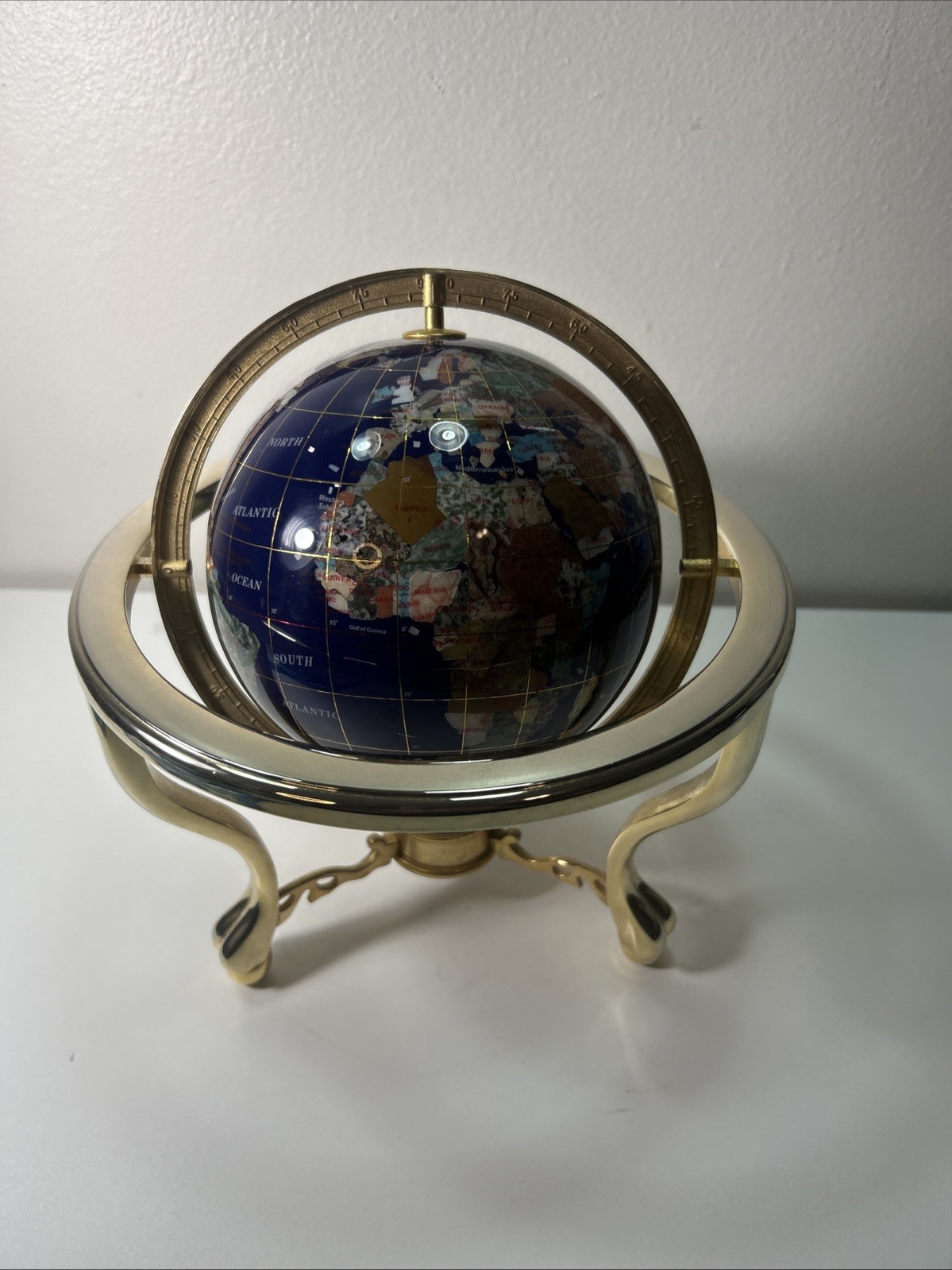 Globe Blue Ocean Gold Tone 3 Leg Table Stand Gen MOP World Map GEM STONE