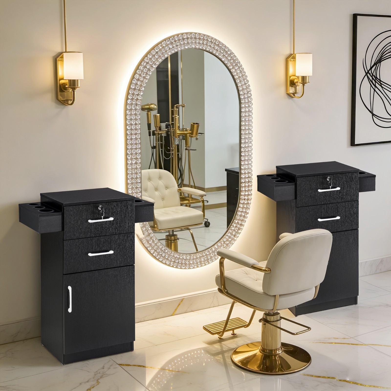 BarberPub Locking Salon Cabinet with Hair Dryer Holder Barber Stylist Station