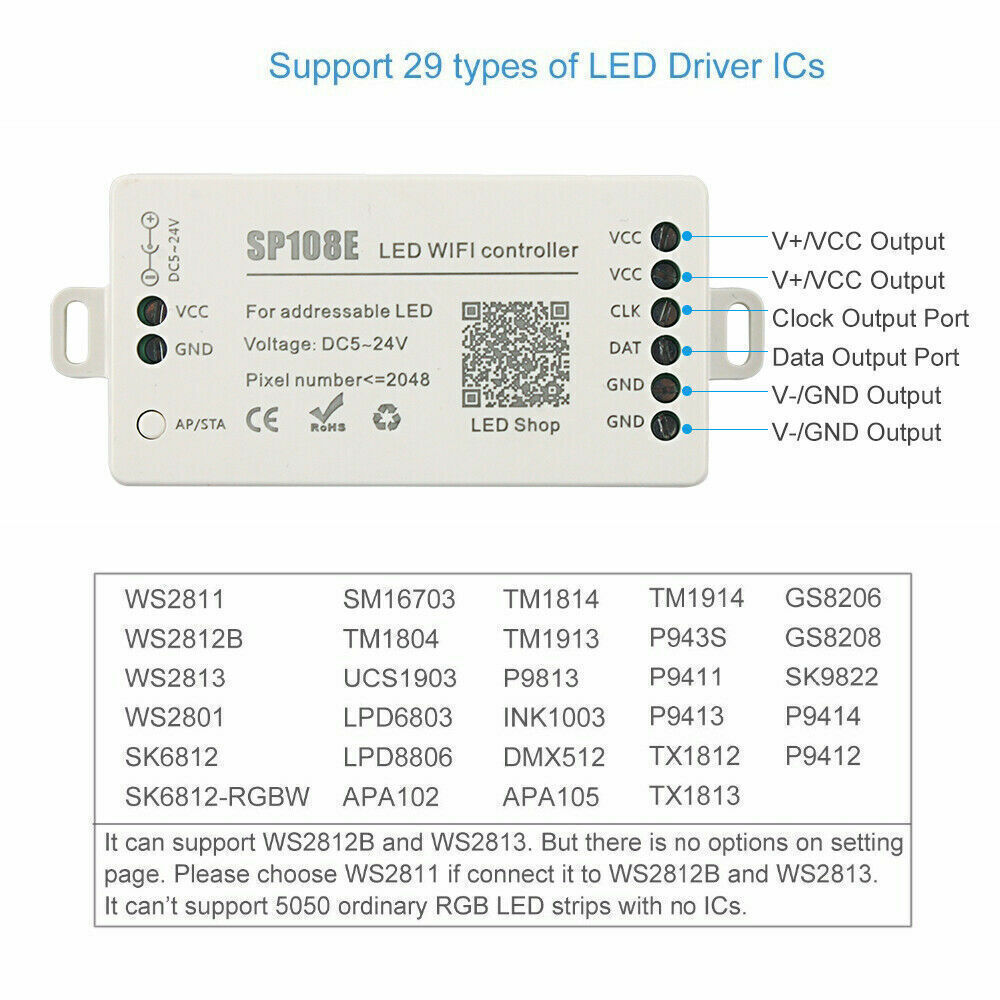 SP108E WIFI LED Controller Smart APP Control for WS2811 2812 LED Strip DC5-24V