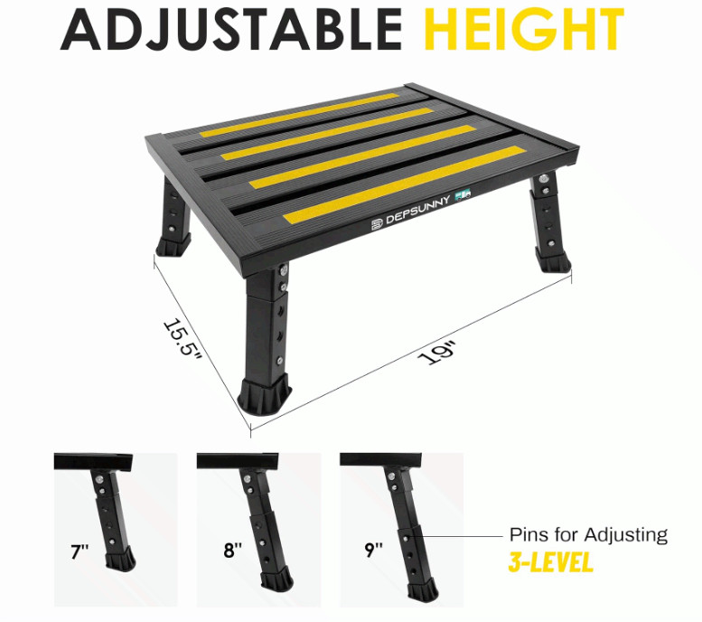 Foldable adjustable RV step, non-slip, supports 1000 lb, portable