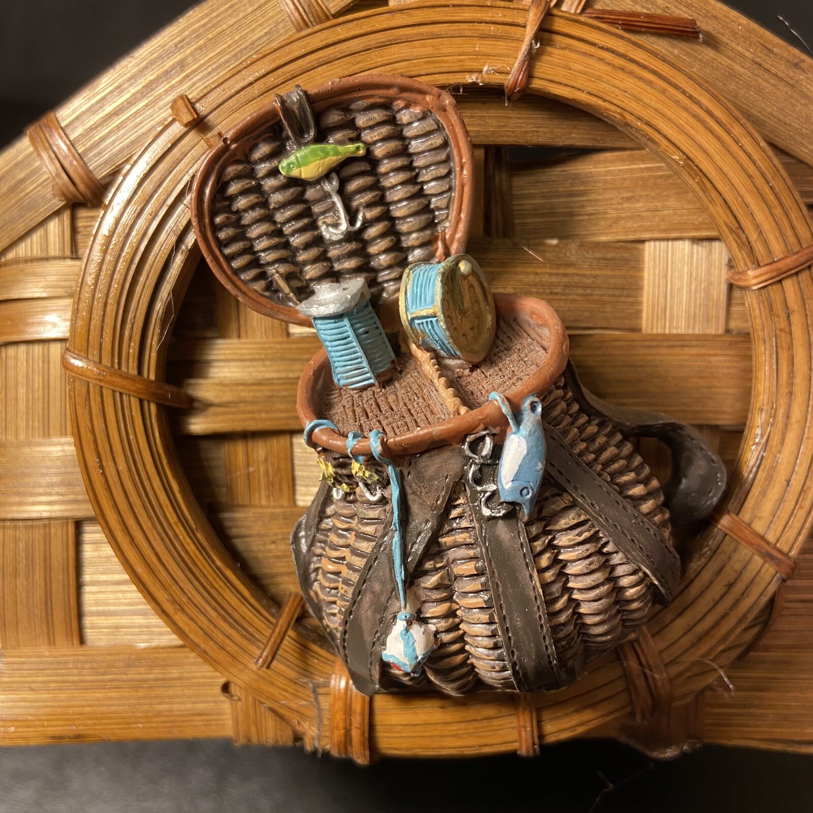 Vtg Wicker Basket Fishing Tackle Woven Grass Rattan 8.5"x7" Water Decor