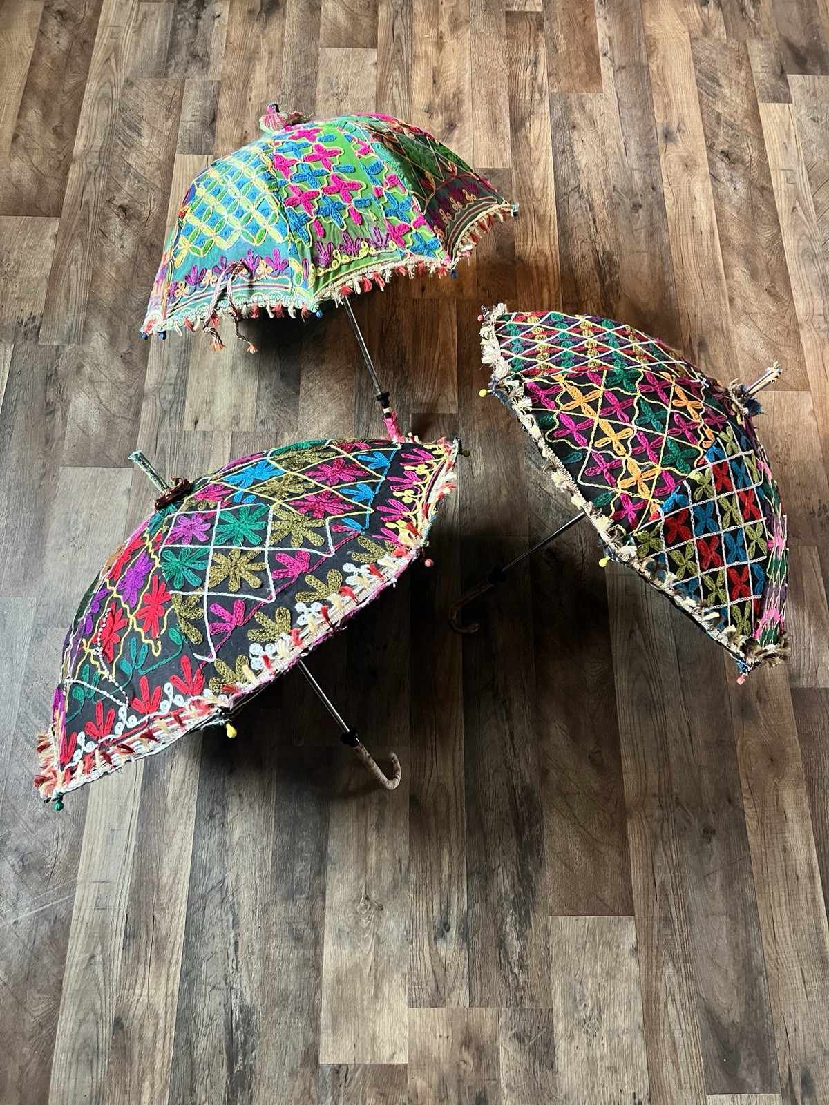 Indian Embroidered Parasol Sun Umbrella Lot Of 3 Cloth Colorful Bohemian Hippie