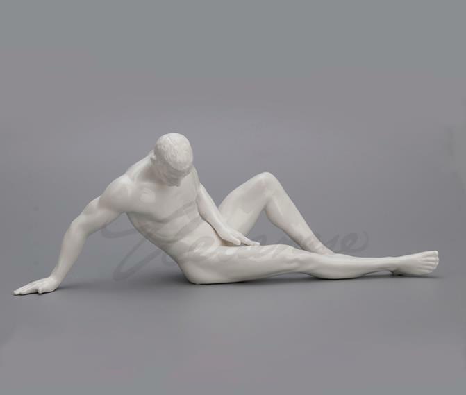 Art Sculpture Handmade White Ceramics Naked Man Hand Support Sit Down Statue