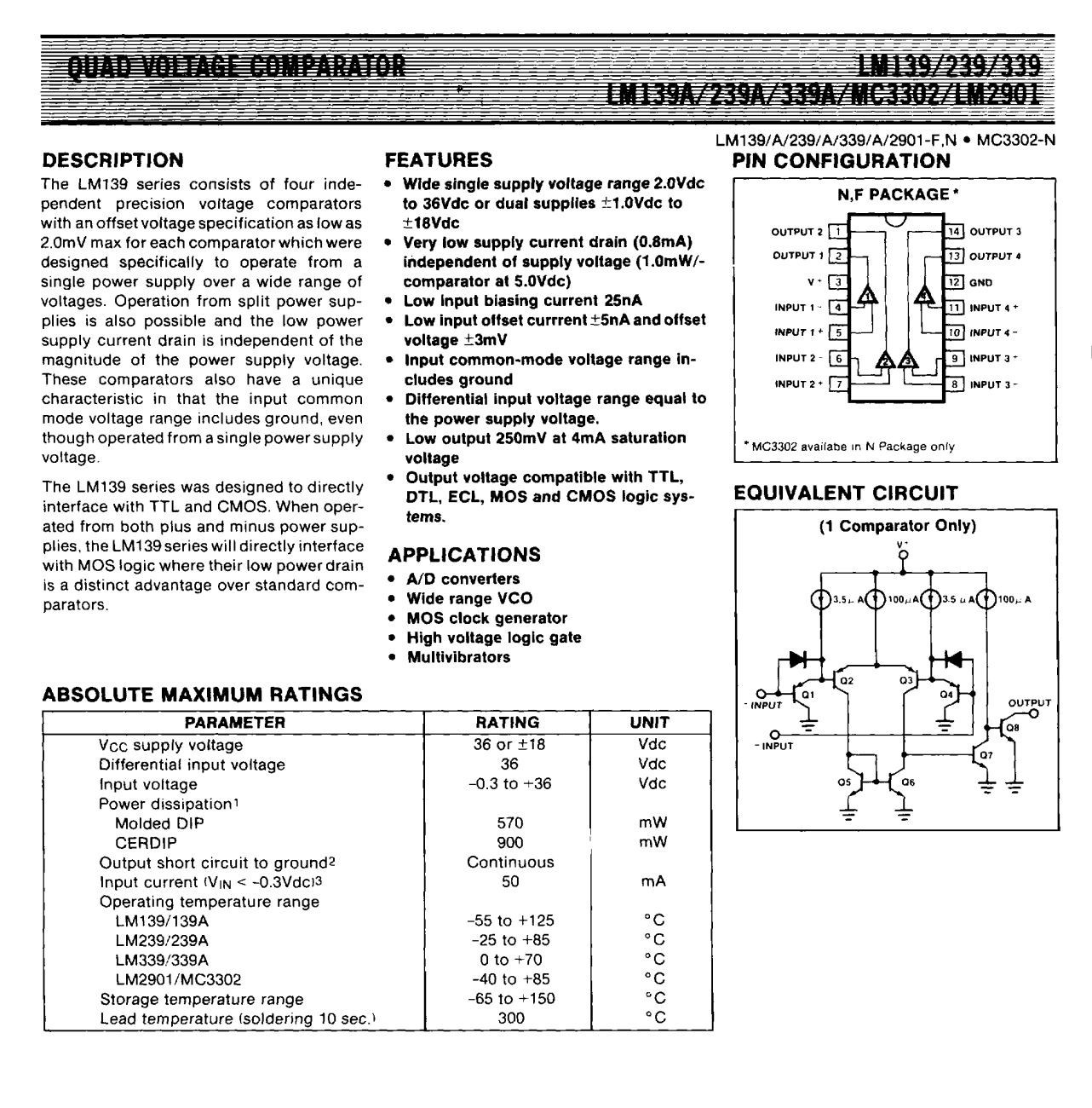 2 Pack Signetics LM2901N Quad Single Supply Comparator