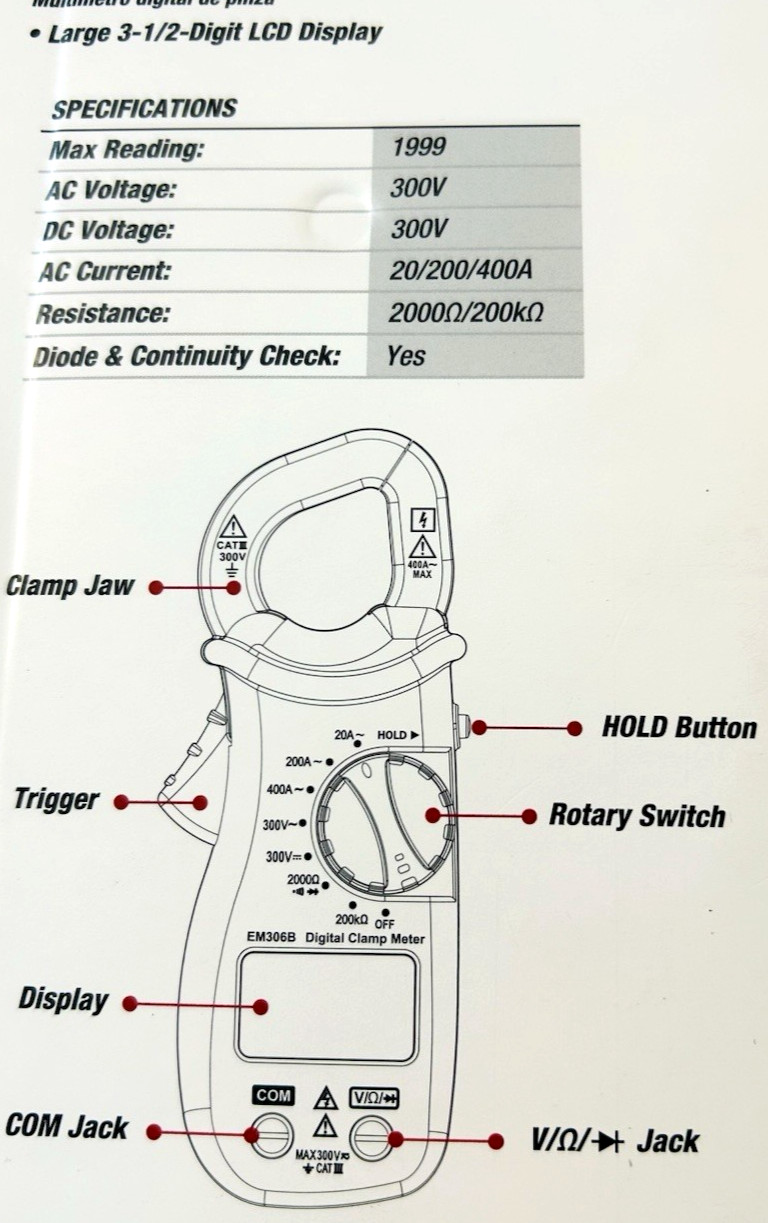 Hyper Tough Digital Clamp Meter Electrical Wire Current Tester with LCD Screen