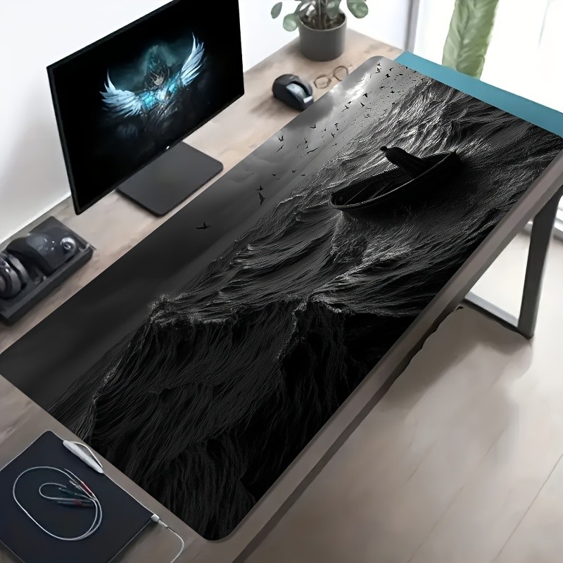 A Large Gaming Mouse Pad Featuring a Black And White Wave And Solitary Boat Des