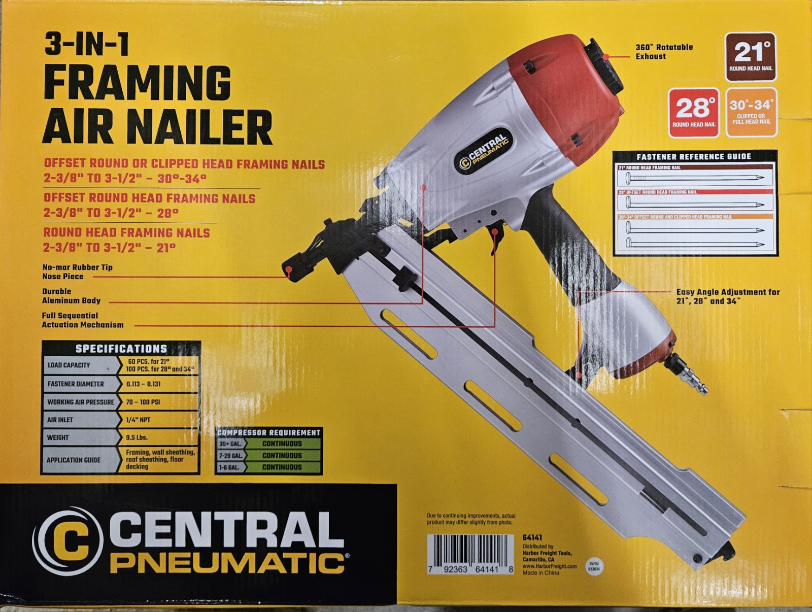 Central Pneumatic 3-in-1 Framing Air Nailer Model 61441 21° 28° 34° Angles