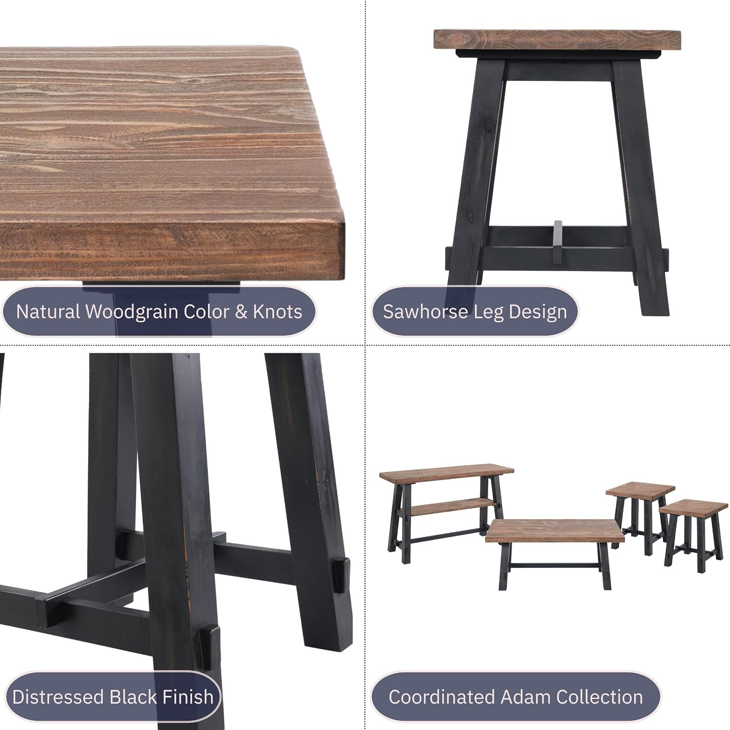 Adam Rustic Industrial Side Table, Natural/Black, 21” | Solid Wood Square End Ta