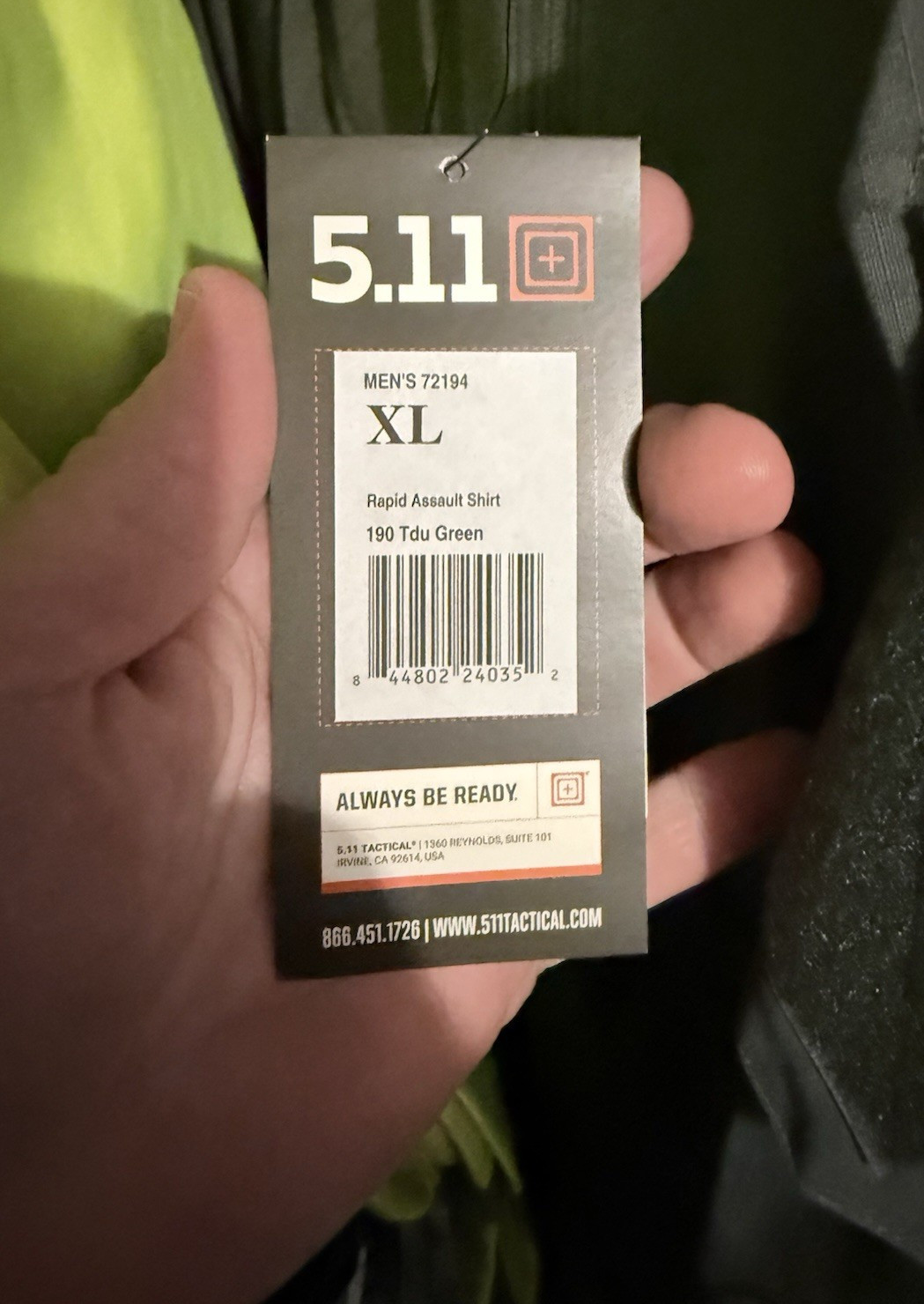 5.11 Tactical Men's Rapid Assault Shirt XL Tdu Green Solid Regular 72194