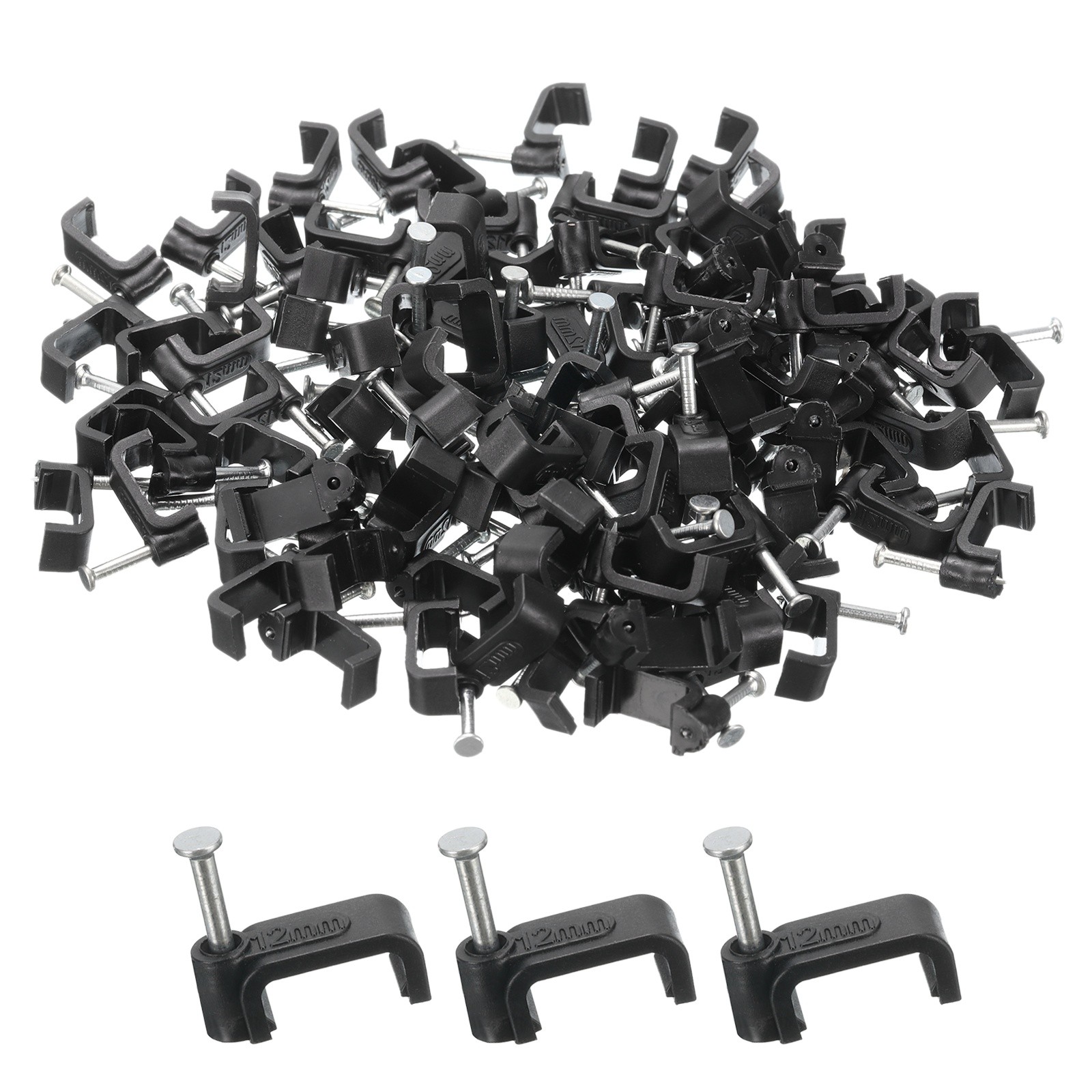 100 Pcs 12mm Square Cable Clips Cable Management Wire Clip with Steel Nail Black