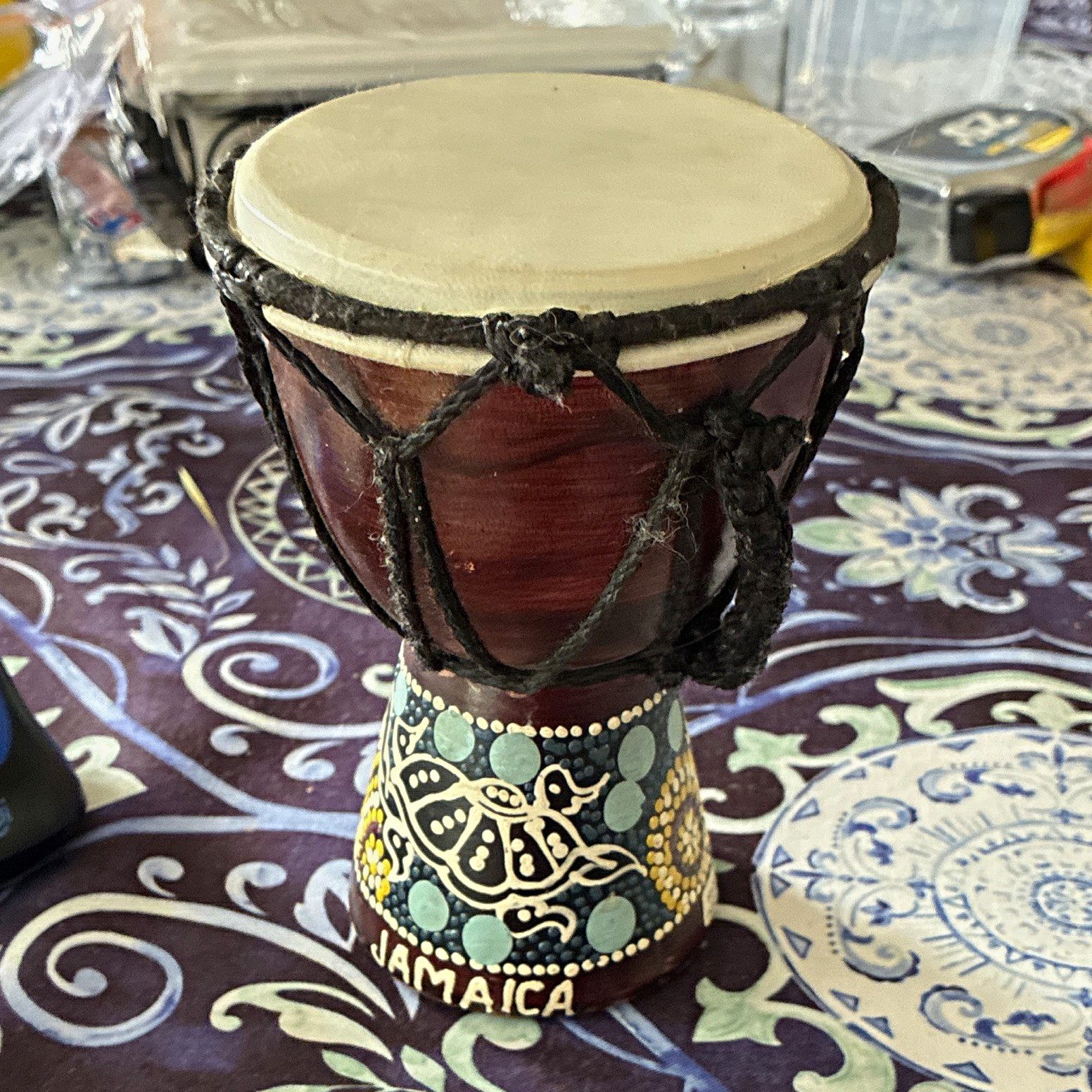 Wooden Djembe Style Hand Drum, Jamaica Painted, Analog, Made in Indonesia