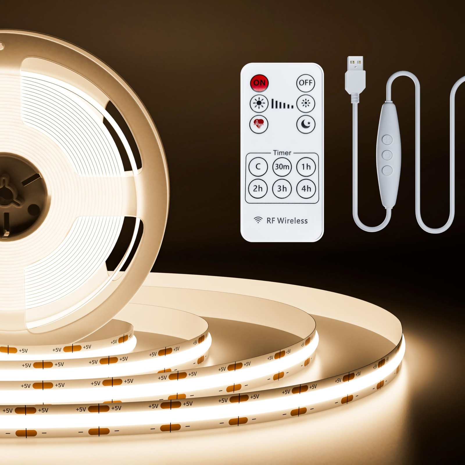 5V USB COB LED Strip Lights Dimmable LED Lights 4000K Natural White with RF R...