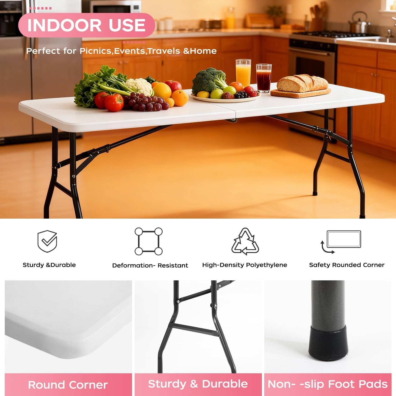 Multi-Purpose 8FT Folding Table for Parties & BBQ - Durable with Carry Handle