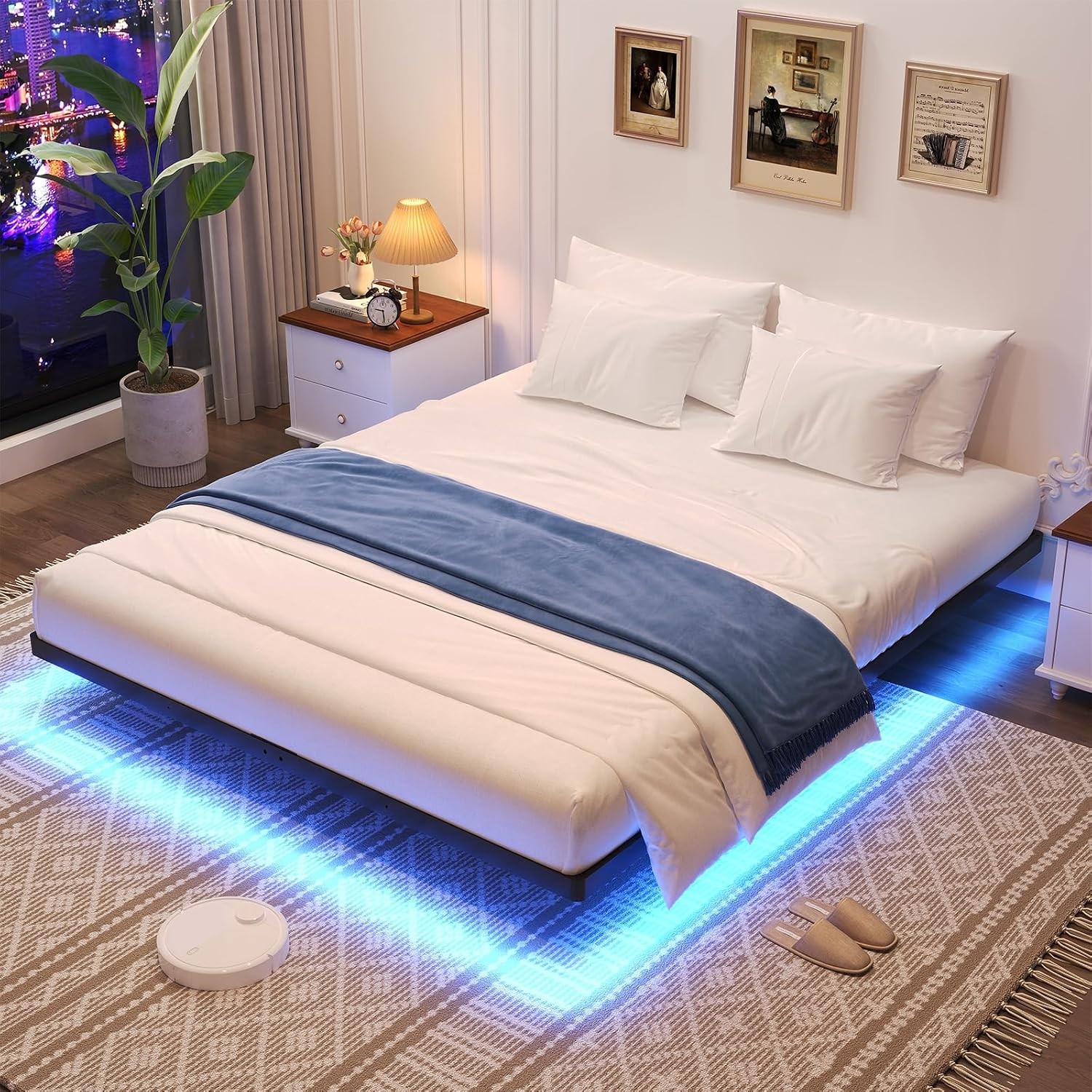 Floating Bed Frame Queen Size Queen Bed Frame with Smart LED Lights