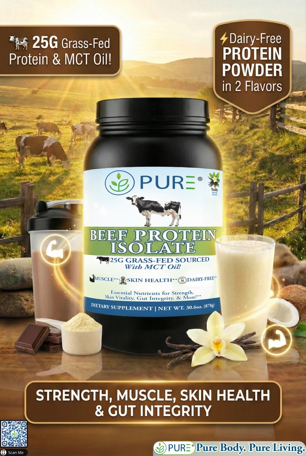 PURE Beef Protein Isolate Powder 25g - Grass Fed Dairy Free Paleo Keto 2 Flavors