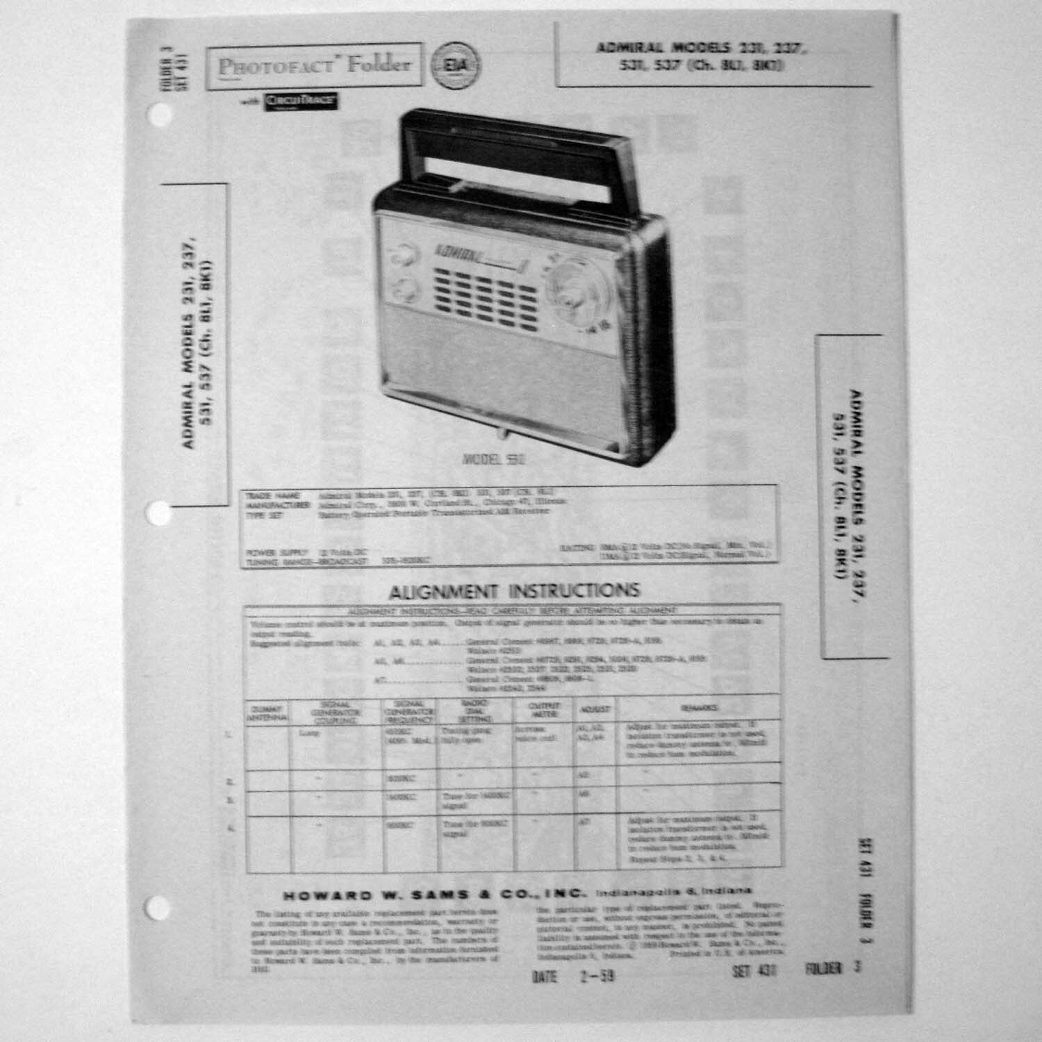 Admiral Models 231 237 531 537 Portable AM Radio - SAMS Photofact ™ 1959 - New