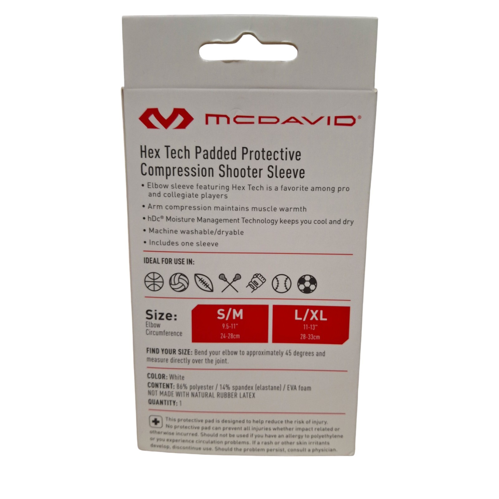 McDavid Arm Hex Tech Padded Protective Compression White Shooter Sleeve Size S/M