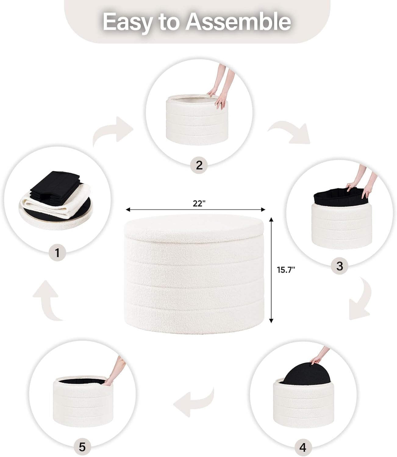 White Twenty TwoIn Round Sherpa Boucle Ottoman Tray