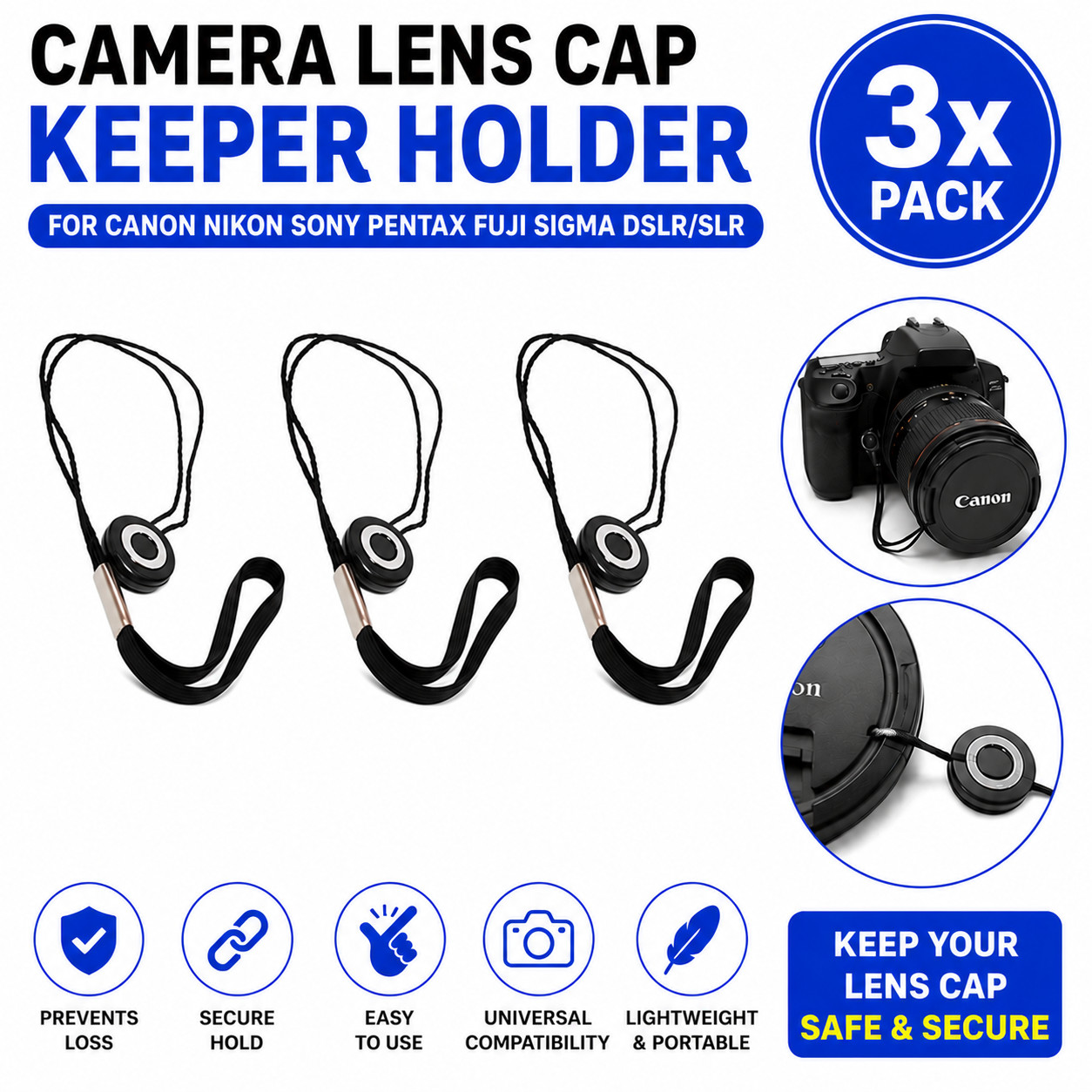 Camera Lens Cap Leash Holder for DSLR SLR – Elastic String Tether, 3 Pack