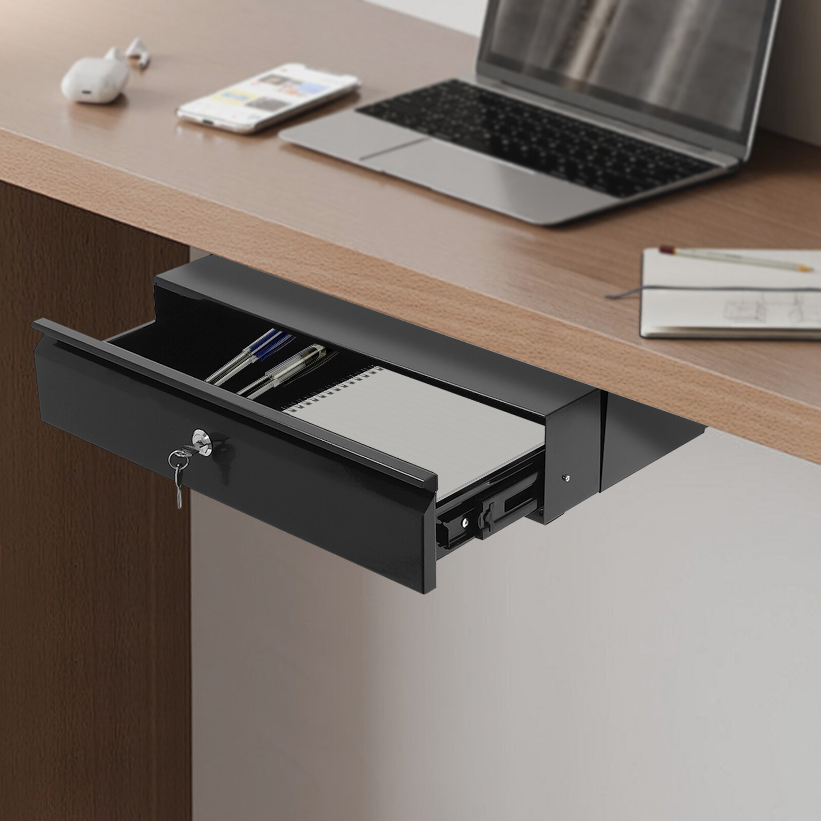 Under-Desk Slide-Out Lockable Drawer Black 45 × 31 × 9.9 cm