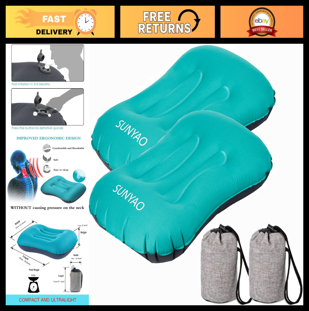 Ultralight Inflatable Camping Pillow - Compressible, Compact, Ergonomic Neck & L