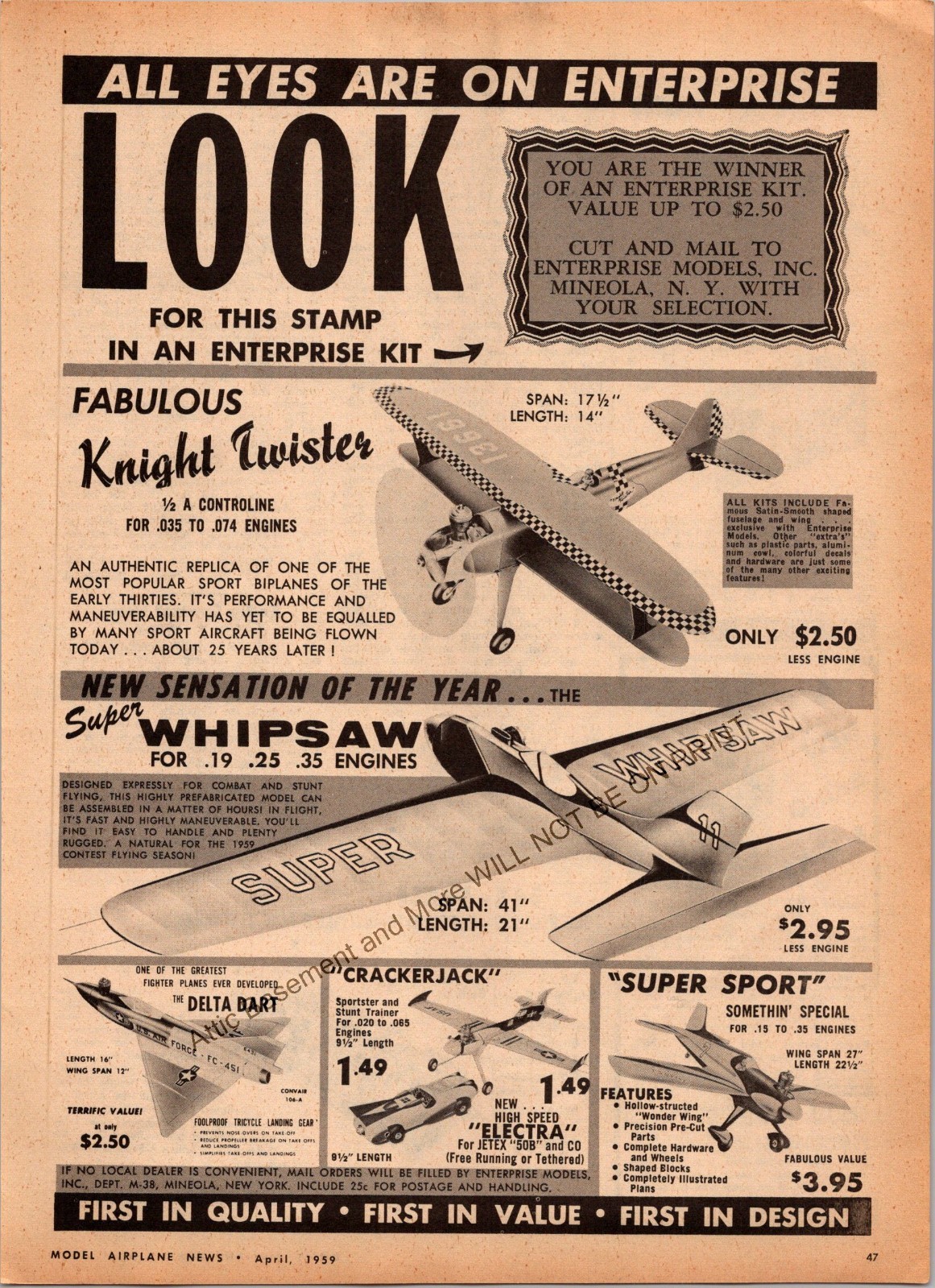 Enterprise Knight Twister Airplane Print Ad 1959 Ephemera Wall Art Decor Whipsaw