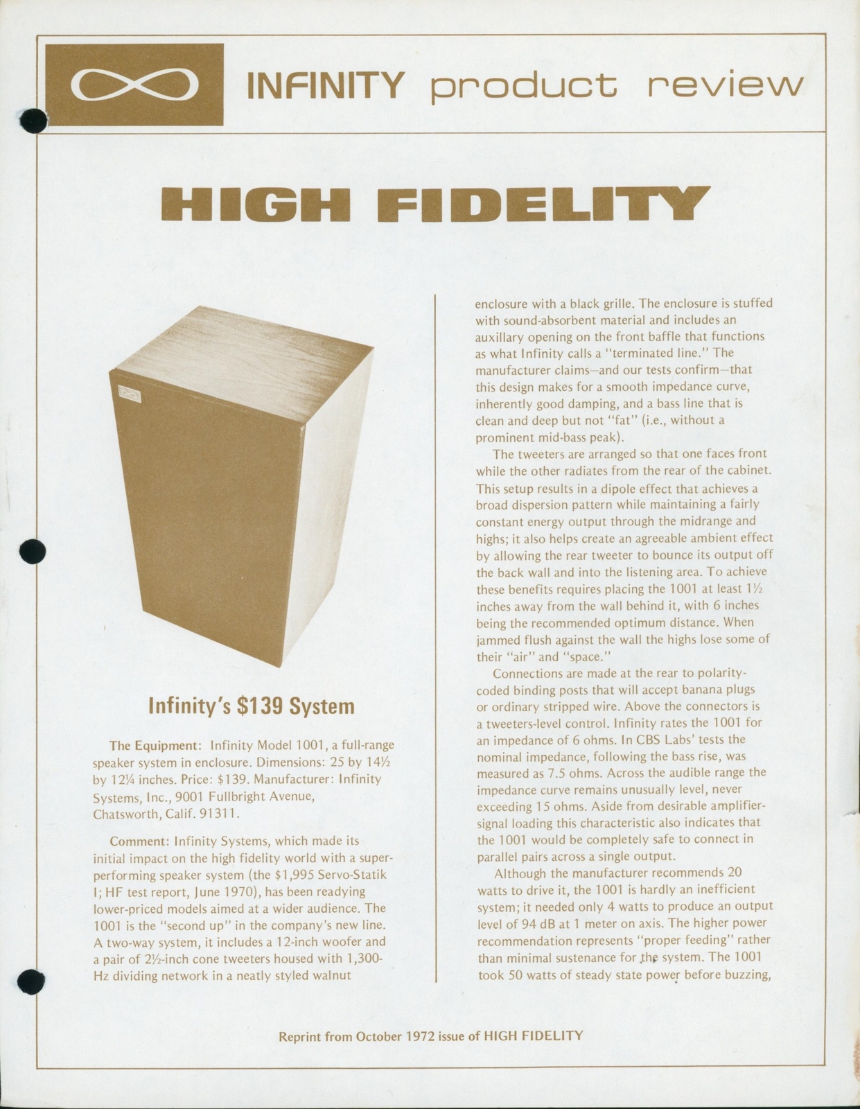 1972 Infinity Model 1001 Speaker Dealer HiFi Audiophile Advertisement Brochure