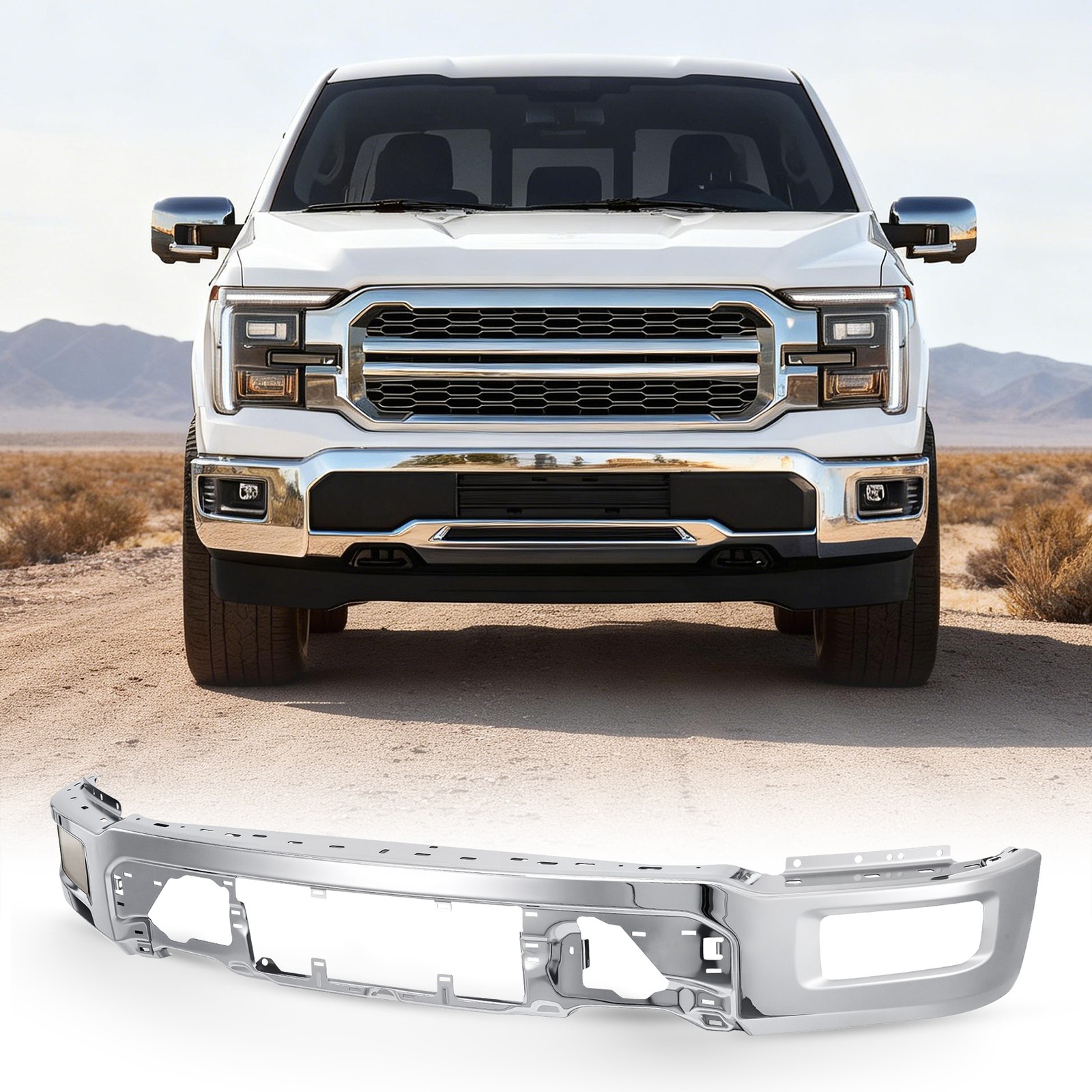 For Ford F-150 2024-2025 Front Bumper Face Bar Steel Chrome Without Sensor Holes