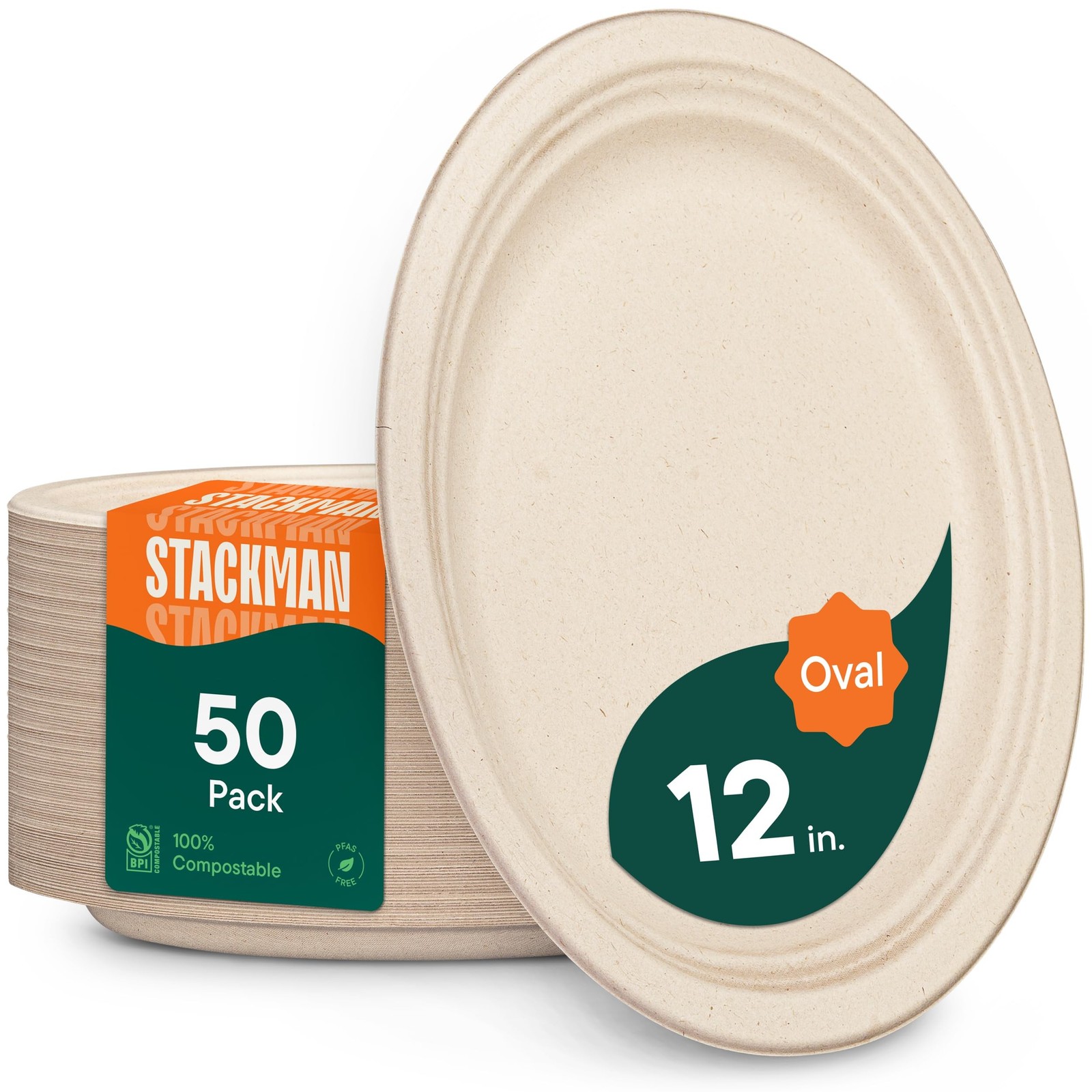 100% Compostable Oval Paper Plates [50-Pack] - {PFAS-Free} - {BPI Certified} ...