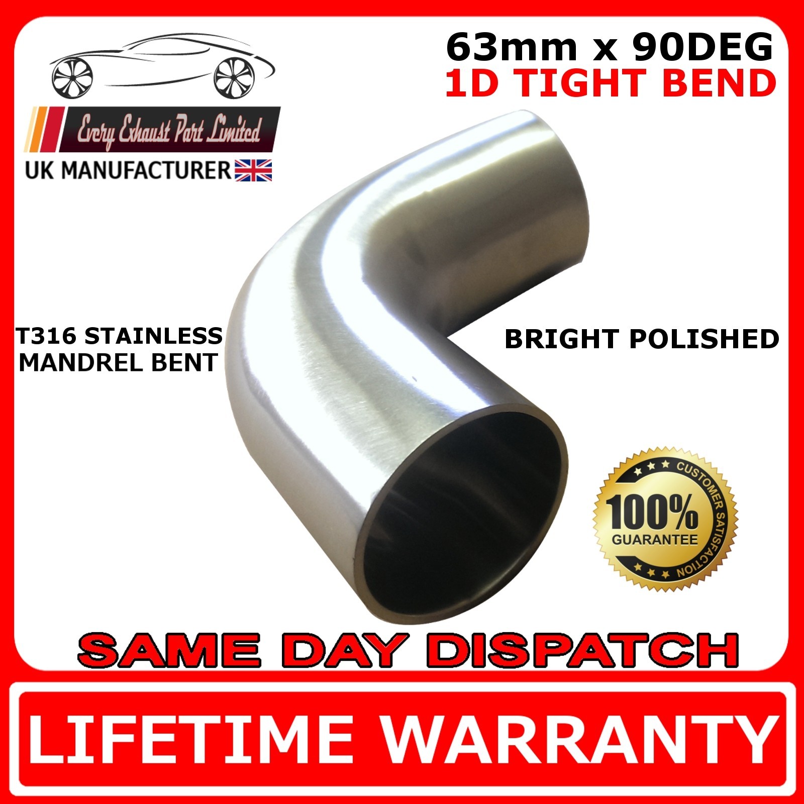 90 degree 2.5" 63mm Tight 1D Mandrel Exhaust Bend 316 Stainless Steel Polished