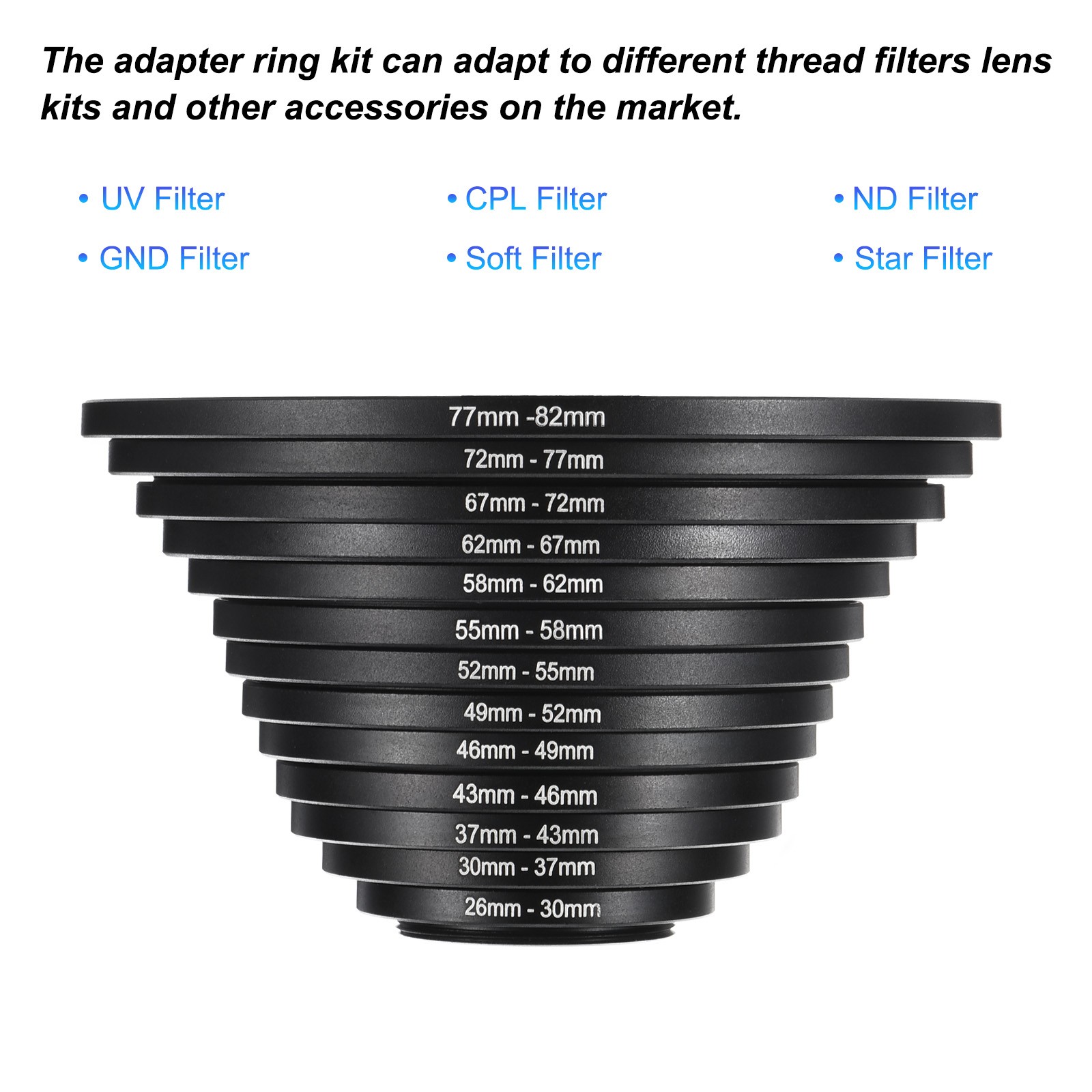 13 x Metal Step Up Ring Camera Lens Adapter Aluminum Filter Adapter Ring Black