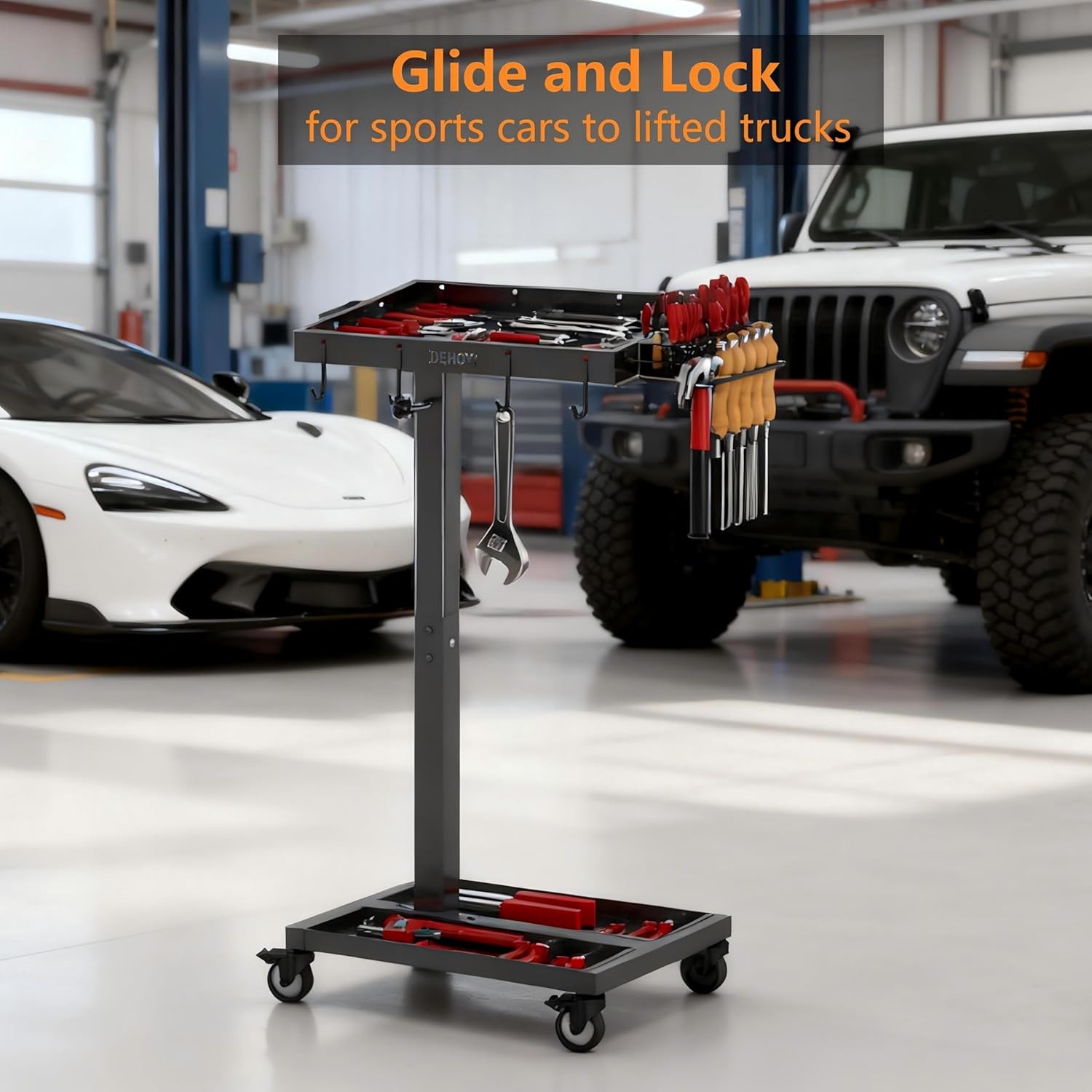 Adjustable Height Tool Cart W/ Wheels Garage Mechanic Rolling Tool Tray Table
