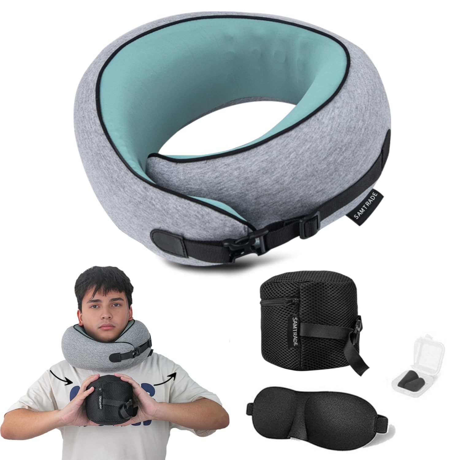 Neck Pillow Airplane –2025 Updated, 100% Memory Foam Travel Light Gray