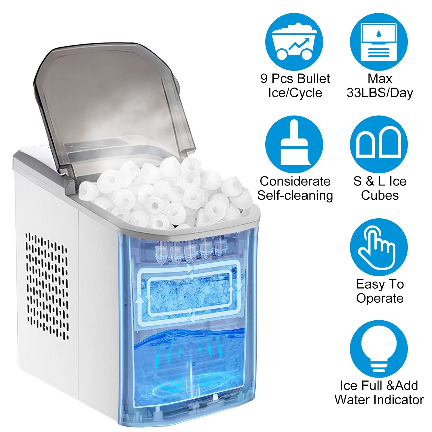 Countertop Ice Maker Machine 33Lbs/24H Self-cleaning with Ice Scoop and Basket