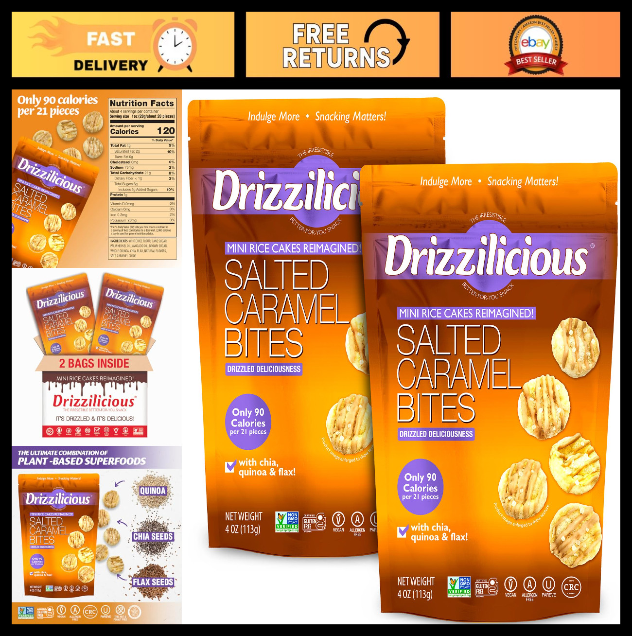 Mini Flavored Rice Cakes - Salted Caramel, Vegan, Gluten-Free, Healthy Snack, 90