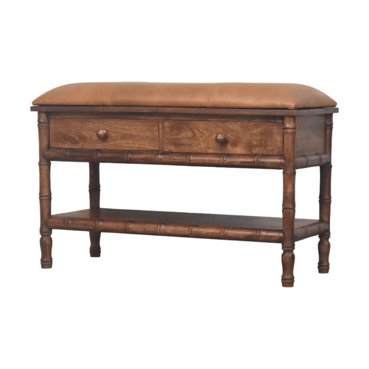 Bamboo Carved Storage Bench with Leather Seat
