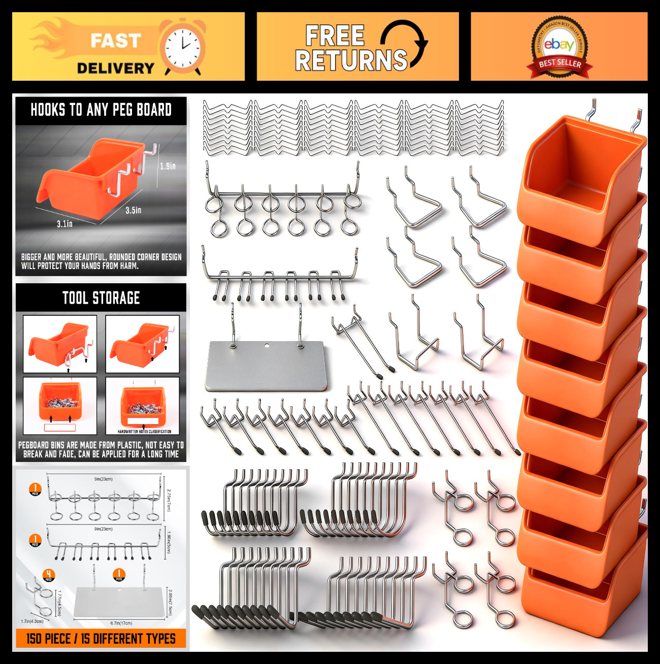 150 PCS Heavy Duty Pegboard Hooks Kit - 15 Types with Bins for Garage & Tool Org