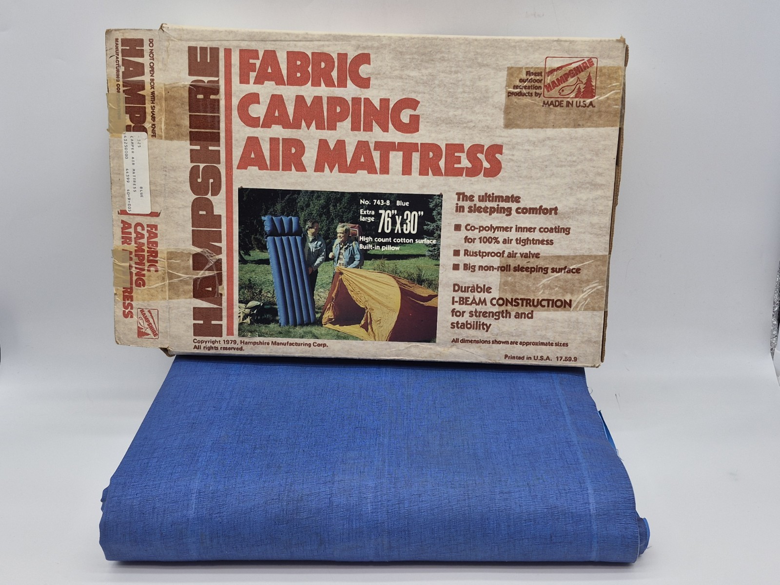 Vintage Hampshire Fabric Camping Pillowed Air Mattress 76×30 USA 1970s