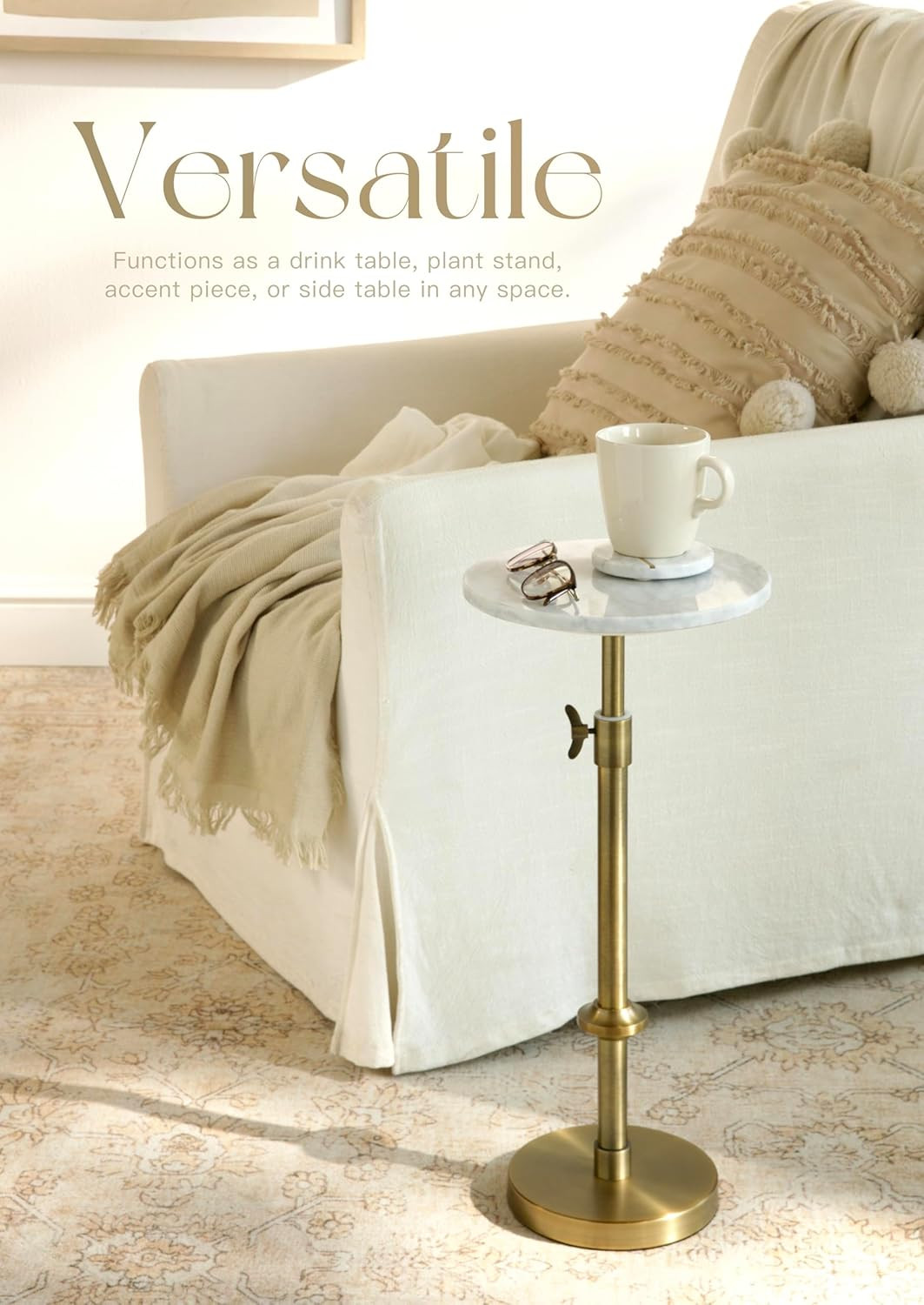 Adjustable 10" White Marble Drink Table with 2 Coasters, Antique Brass⁠ | Adjust