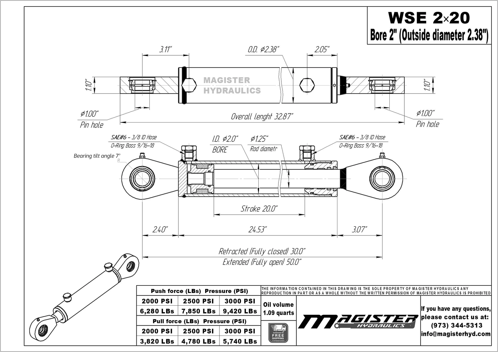 Hydraulic Cylinder Welded Double Acting 2" Bore 20" Stroke Swivel Eye End 2x20