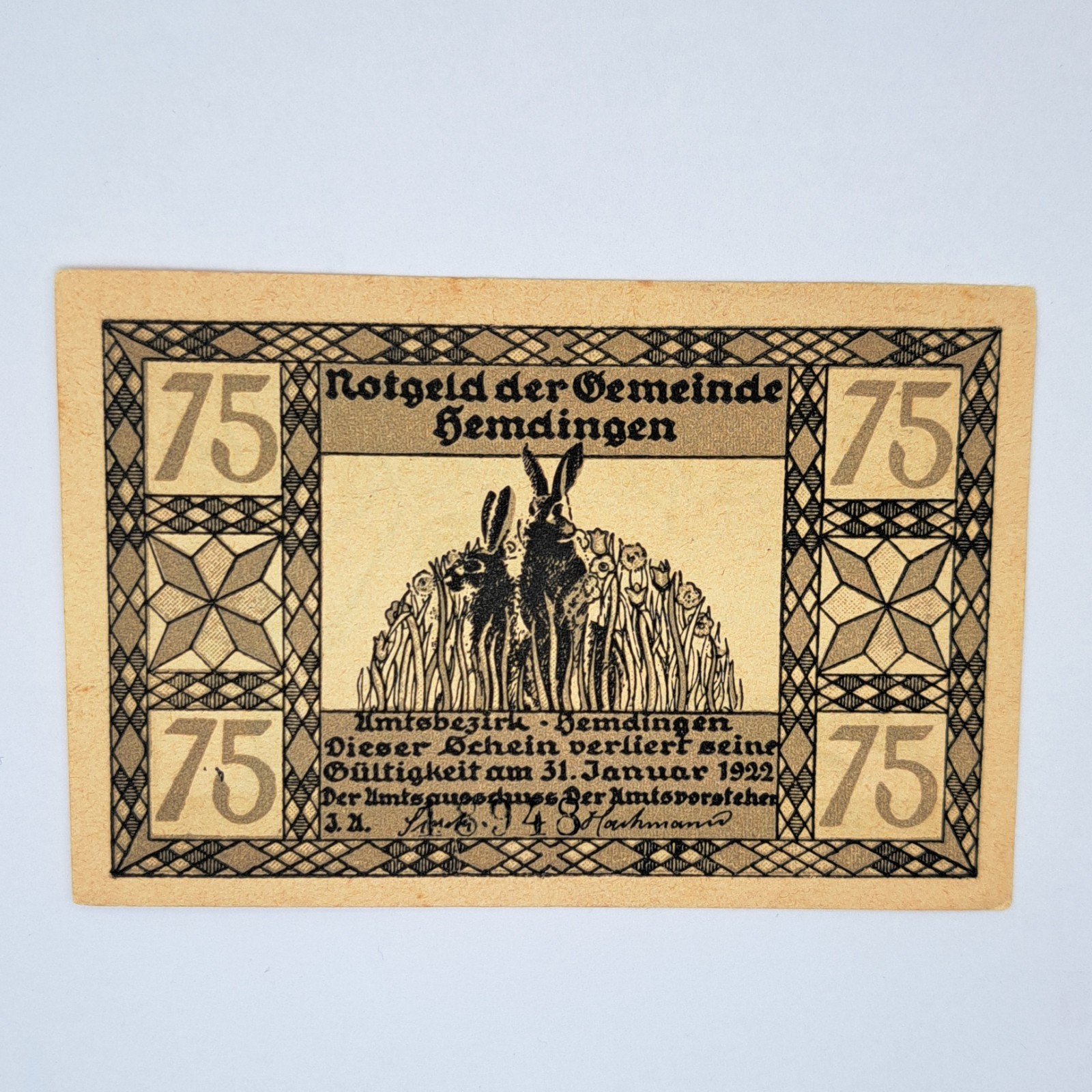 1922 Germany Hemdingen Notgeld 75 Pfennig Rabbits And Does Uncirculated #BN11