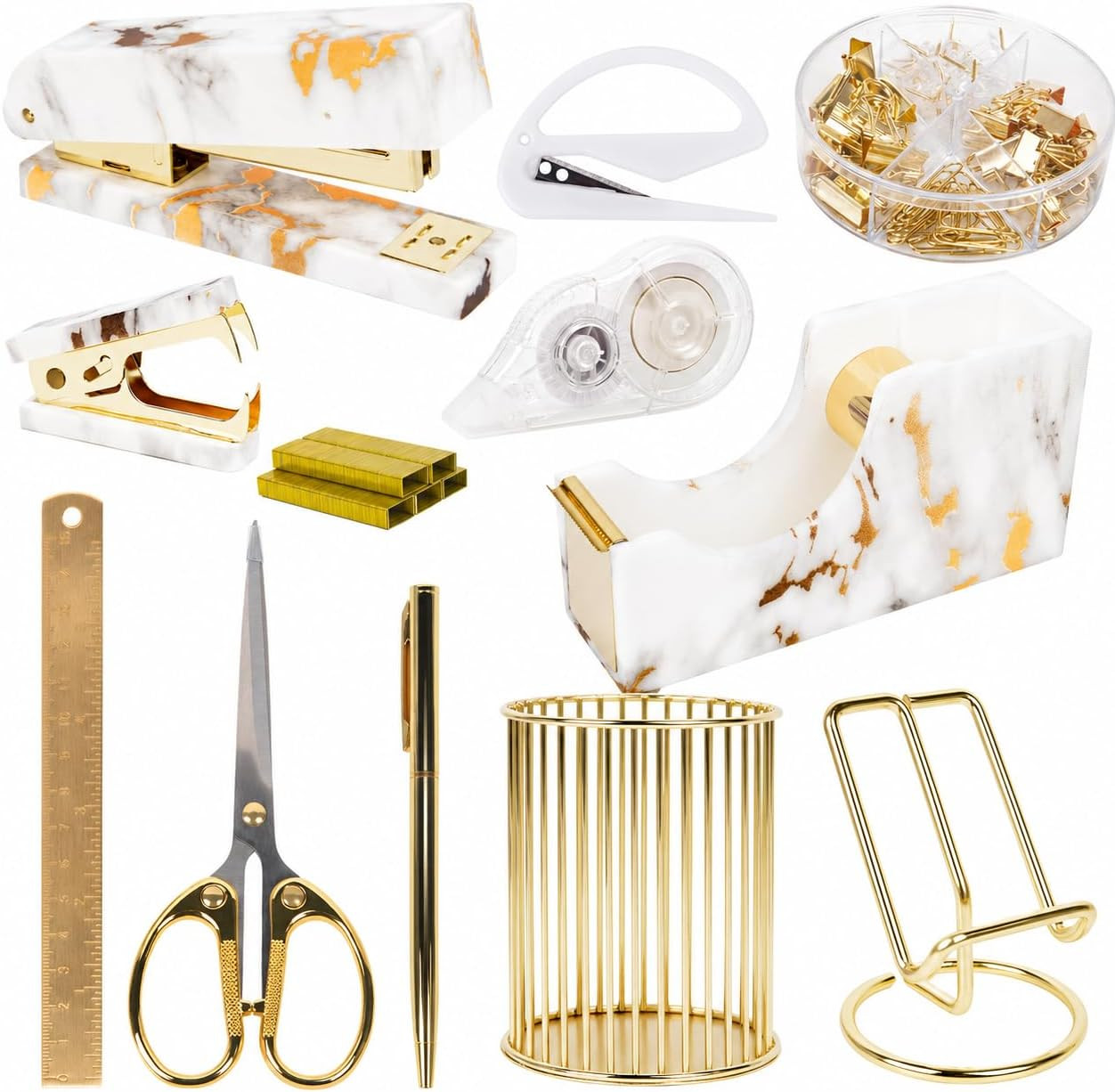 Office Desk Supplies Accessories Women - Women Marble Desk Decor Set Gold | 13 P